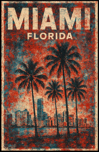 Miami Retro Vibes Vintage Cityscape Travel Art Deco Coastal Nostalgic Urban Sunset Poster