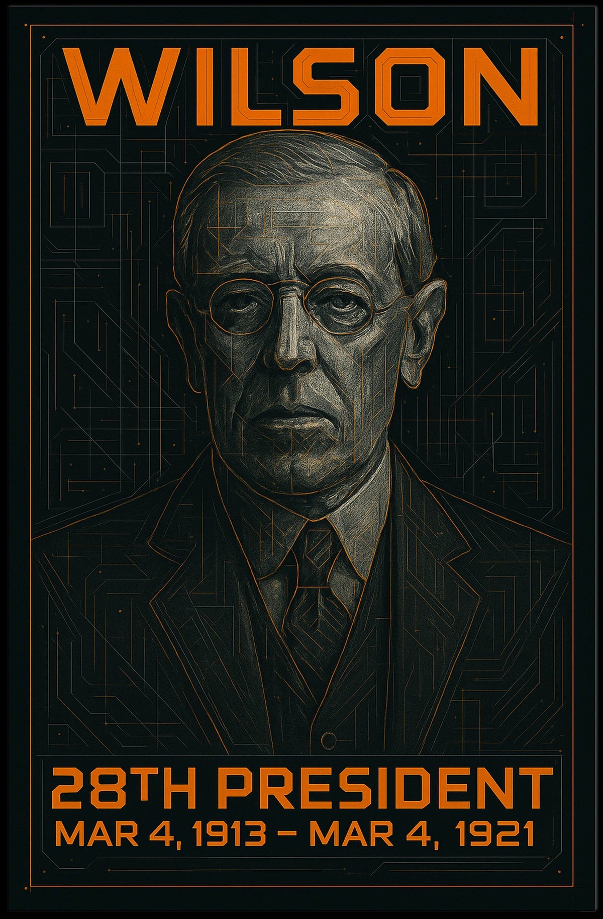 Woodrow Wilson 28th President of the United States Techno Schematic Poster