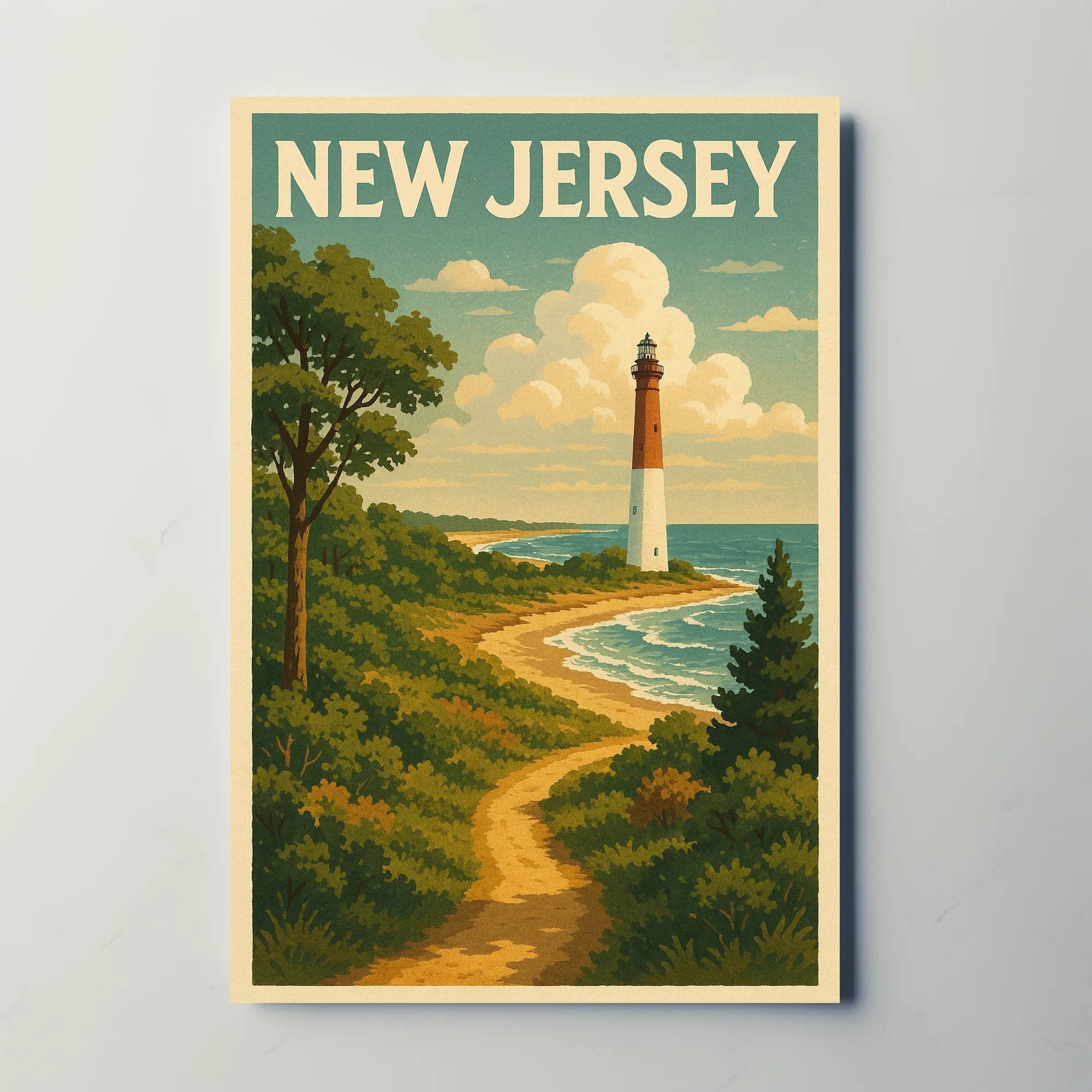 New Jersey Lighthouse Vintage Coastal Travel Poster