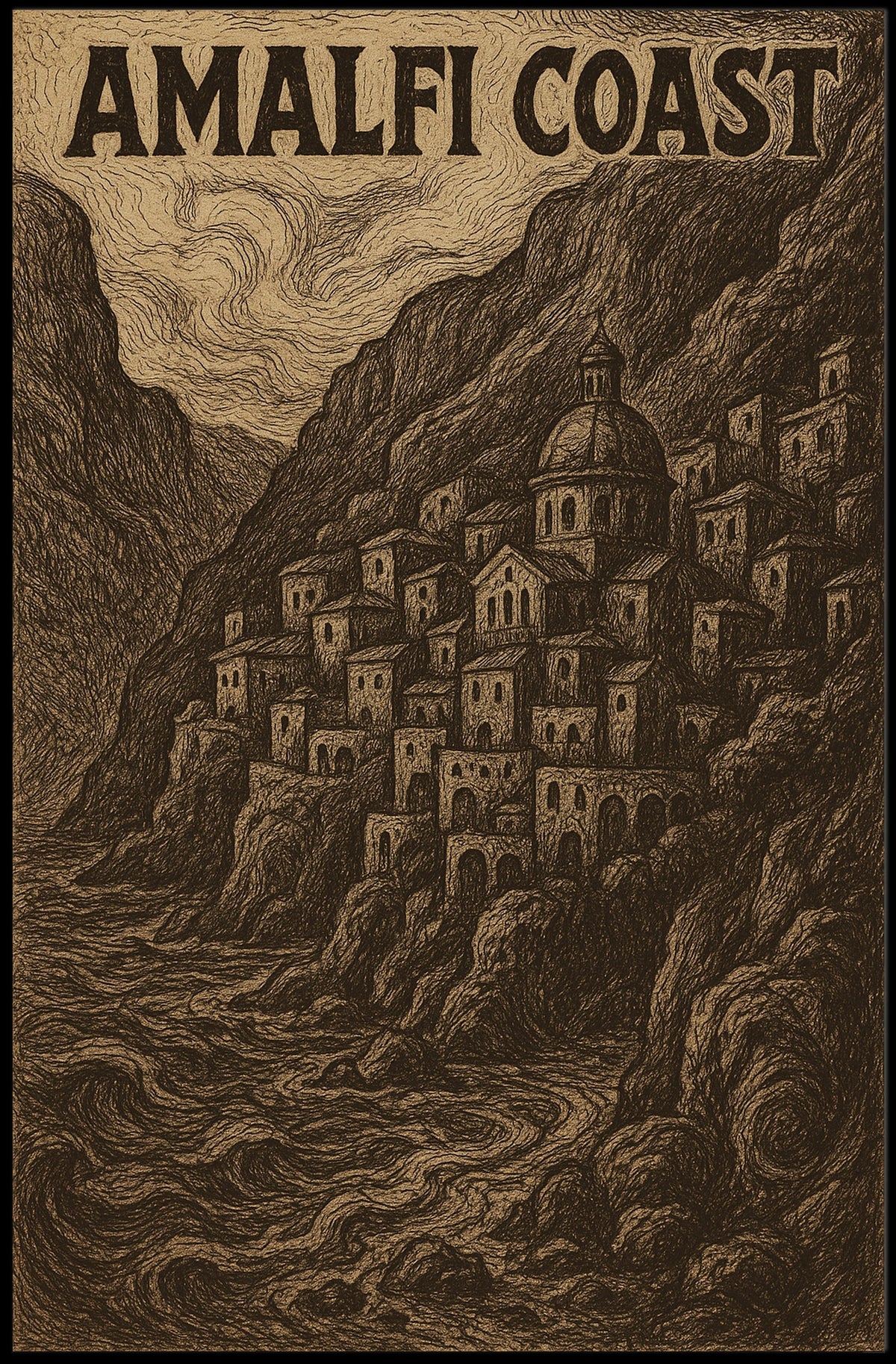 Amalfi Coast Scenic Illustration Poster Wall Art Decor