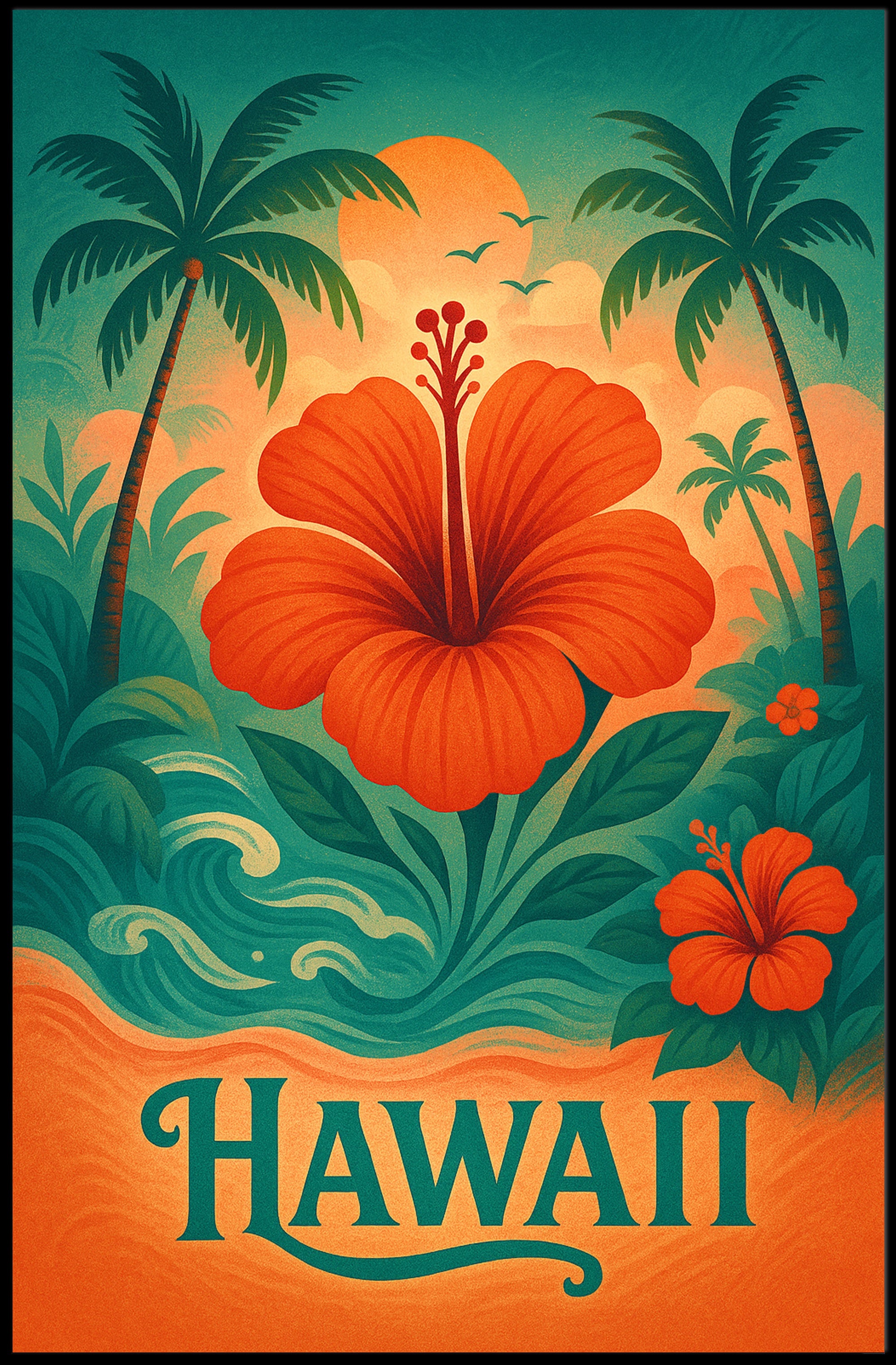 Hibiscus and Sunset Hawaii Vintage Travel Poster