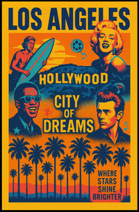 The poster is a vibrant tribute to Los Angeles, specifically highlighting Hollywood as Travel Poster