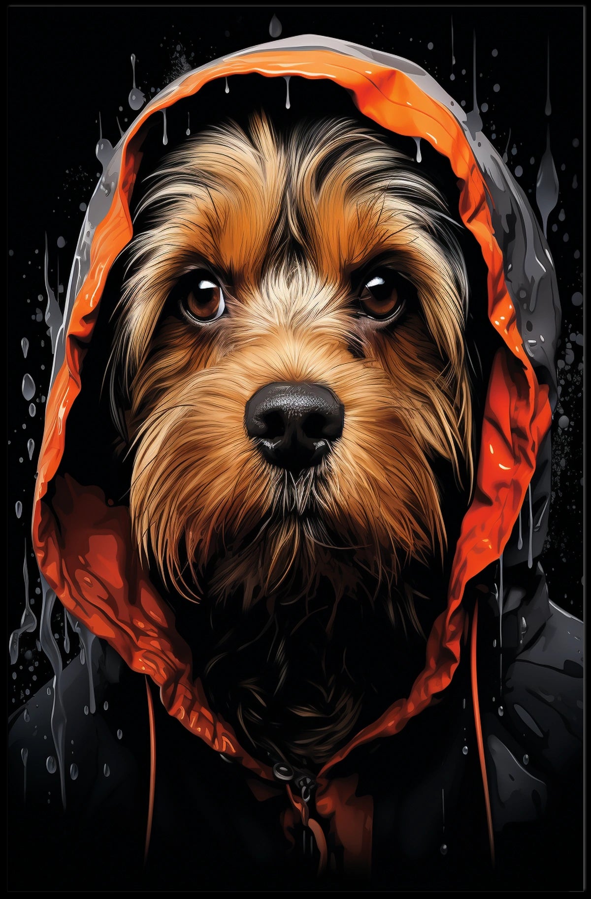 Stylized Dog in Hooded Raincoat Artistic Animal Poster