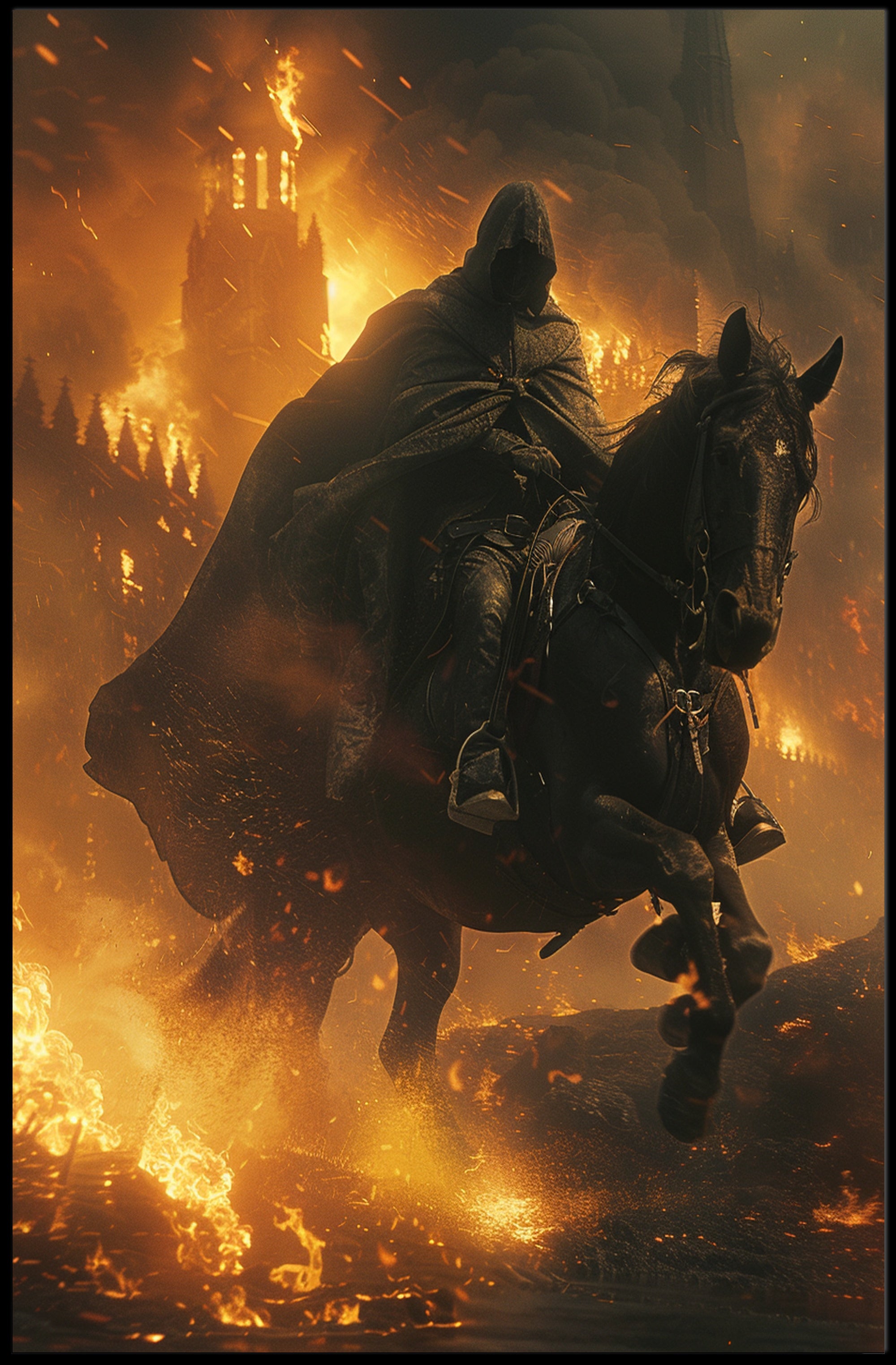 Epic Horseman Rides Amidst Flames Fantasy or Mythology Poster PosterGoat