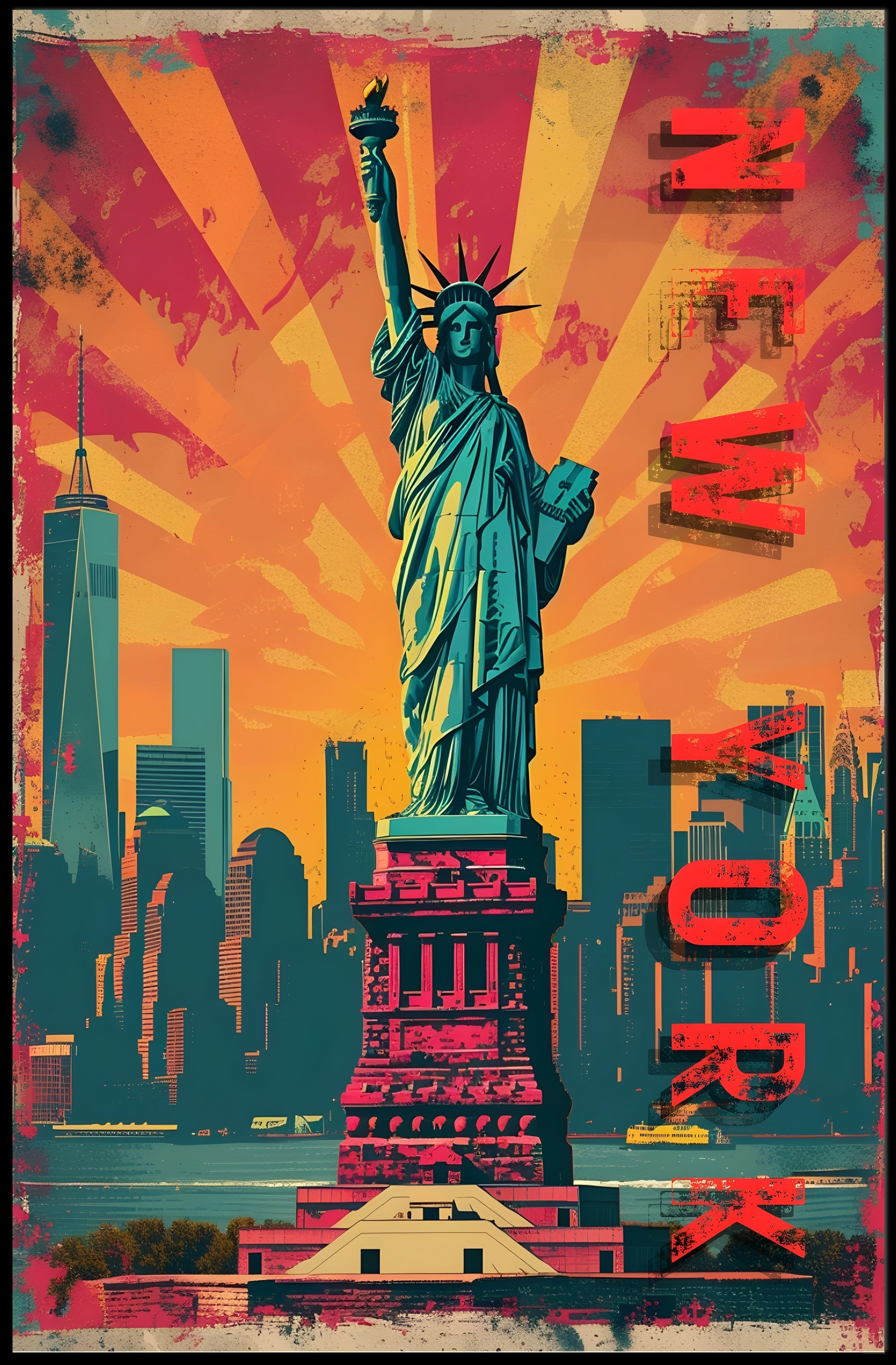 Statue of Liberty Energetic Urban Cityscape Travel Poster