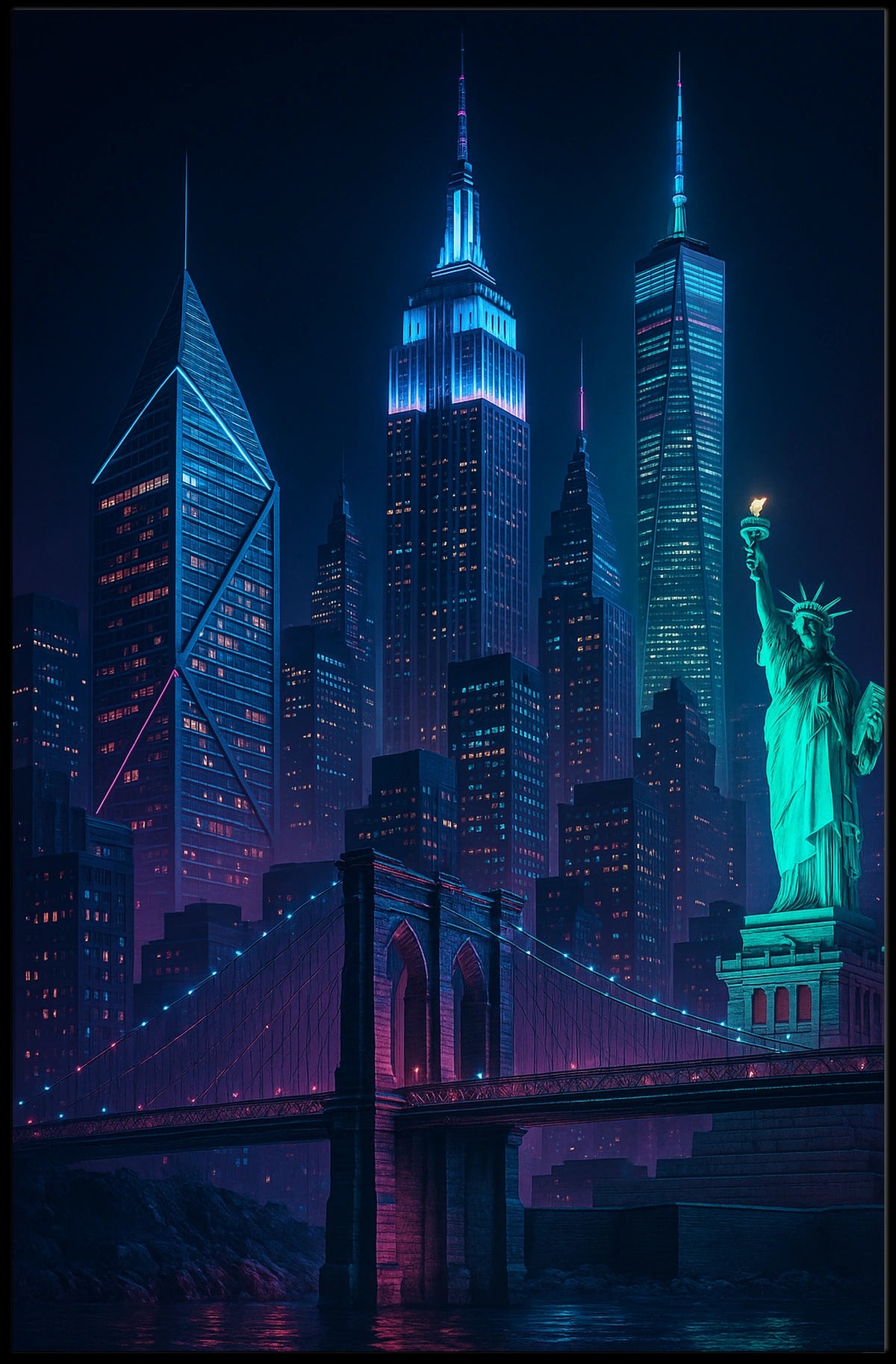 New York City Cyberpunk Skyline Poster Abstract Wall Art