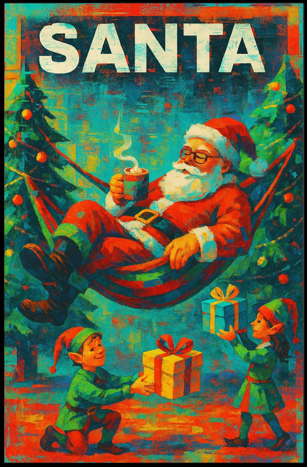 The poster features a festive Christmas theme with a playful depiction of Santa Travel Poster