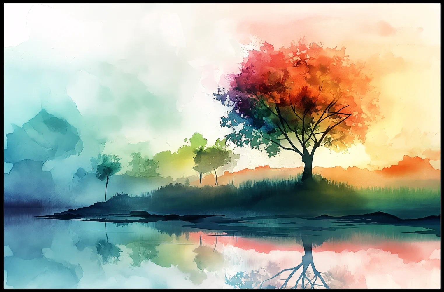Serene Autumn Reflection Watercolor Landscape Poster