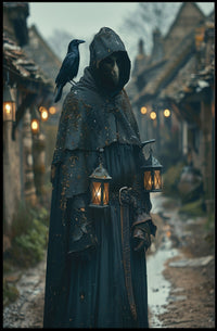 Mysterious Medieval Village Artwork with Plague Doctor Fantasy Poster PosterGoat
