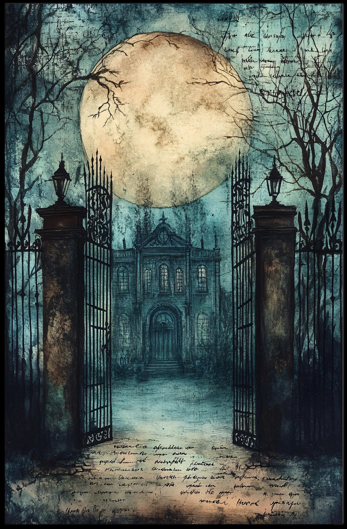 Mysterious Moonlit Gothic Mansion, Artistic Gothic Culture Poster