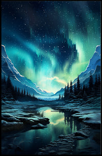 Aurora Borealis Over Snowy Mountains Poster