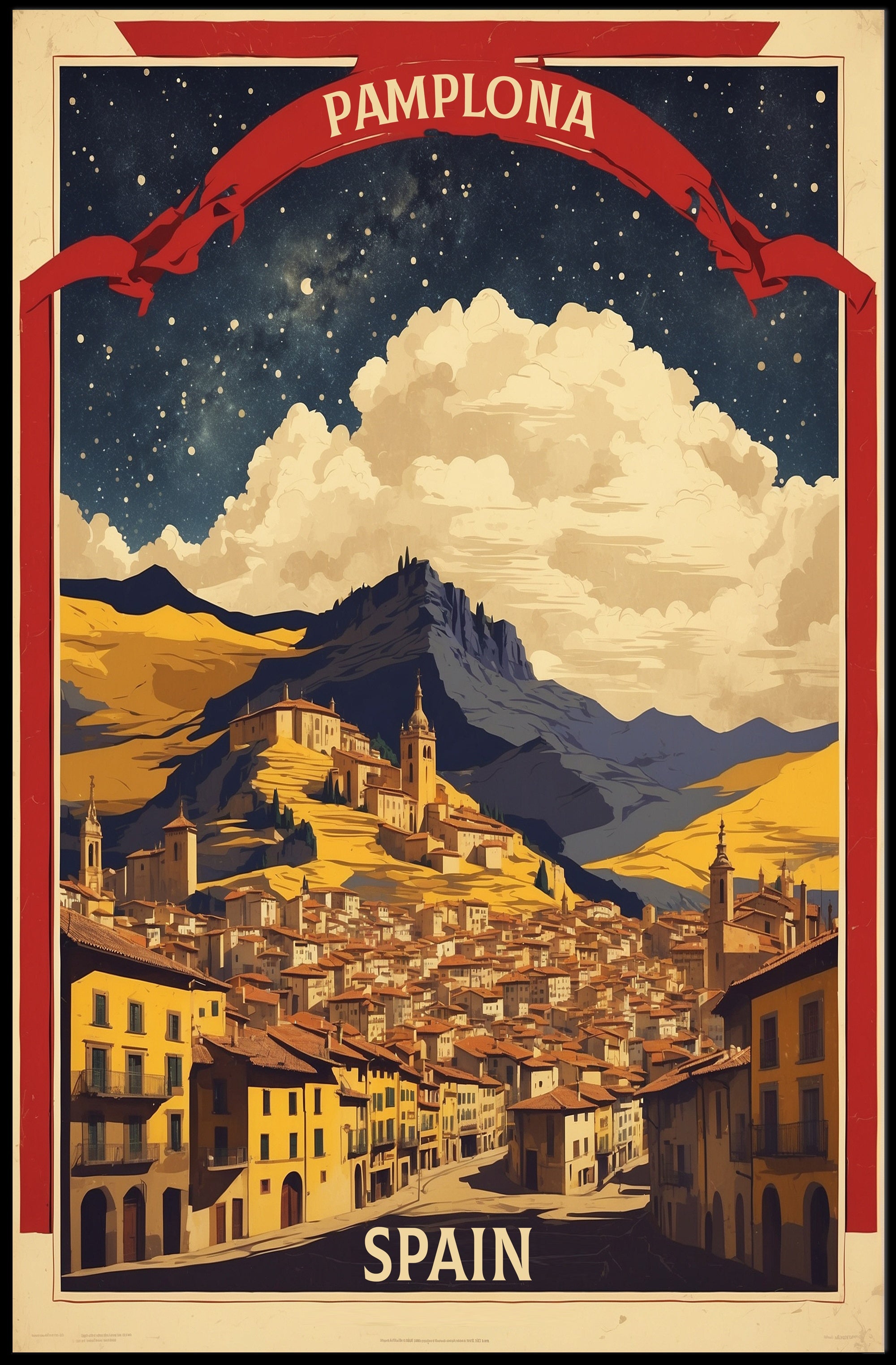 Pamplona Vintage Cityscape Night Sky Travel Poster