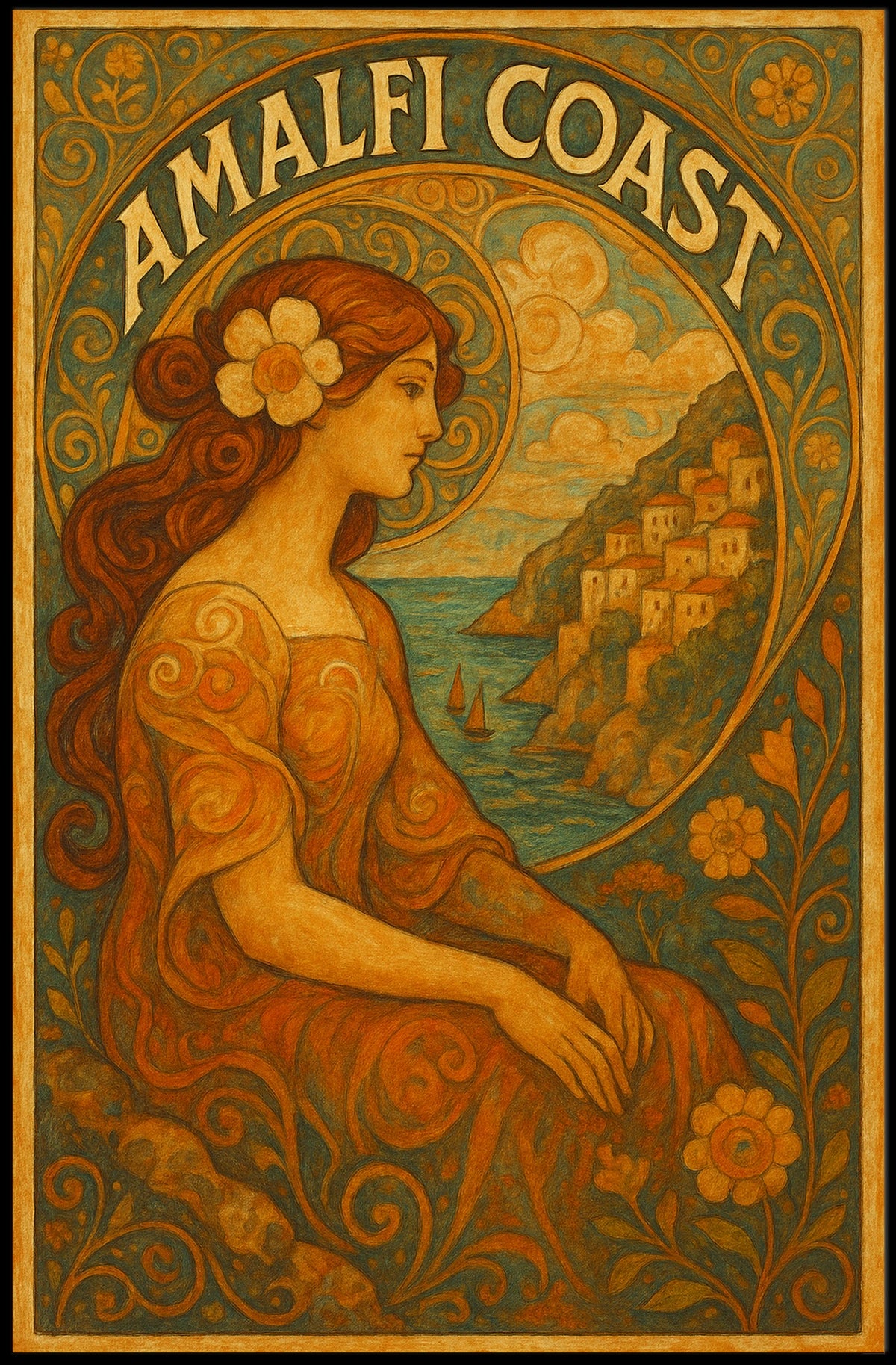 Amalfi Coast Art Nouveau Elegance Poster 18x24 Wall Art