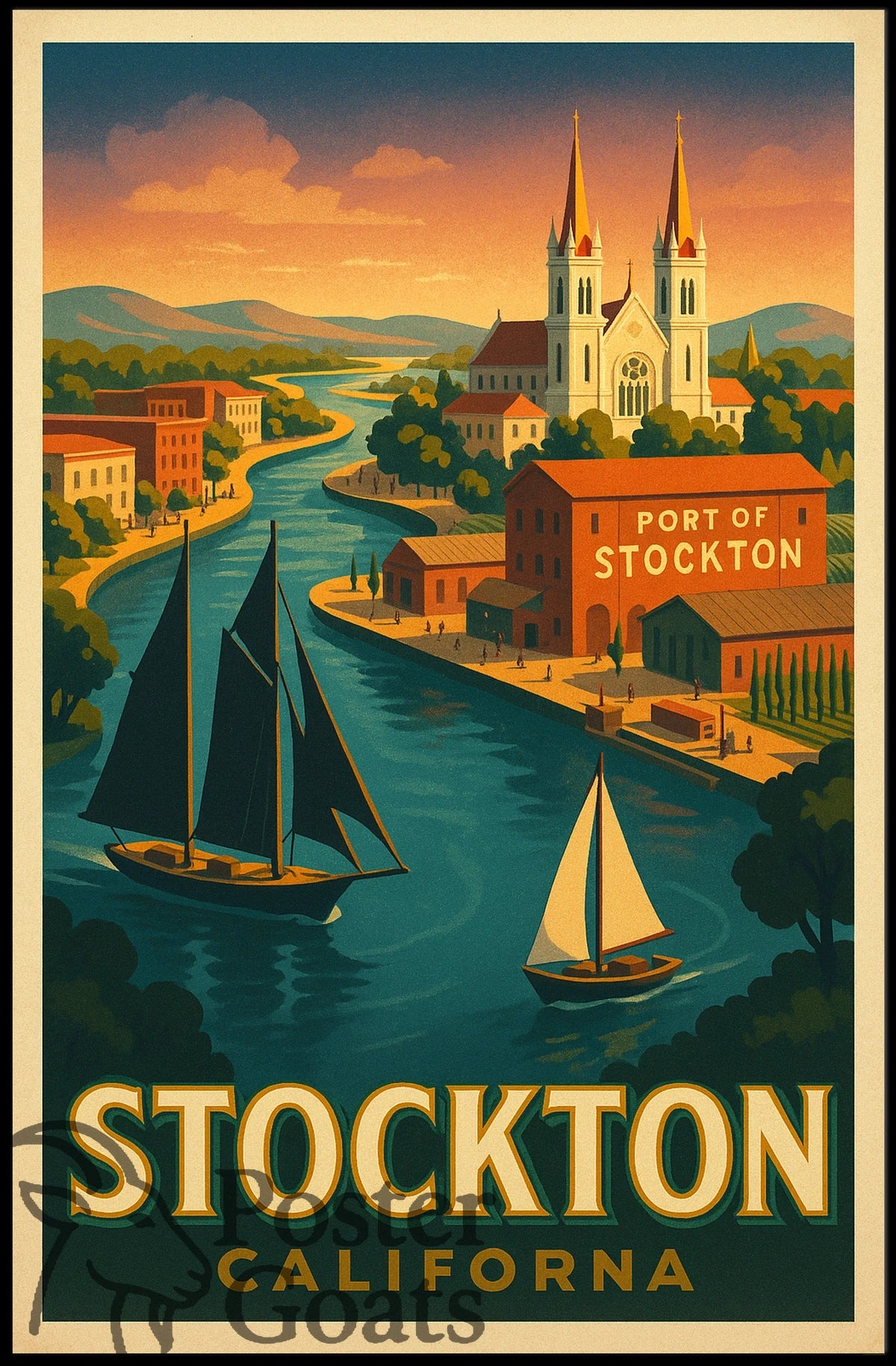 Port of Stockton Vintage Art Travel Poster