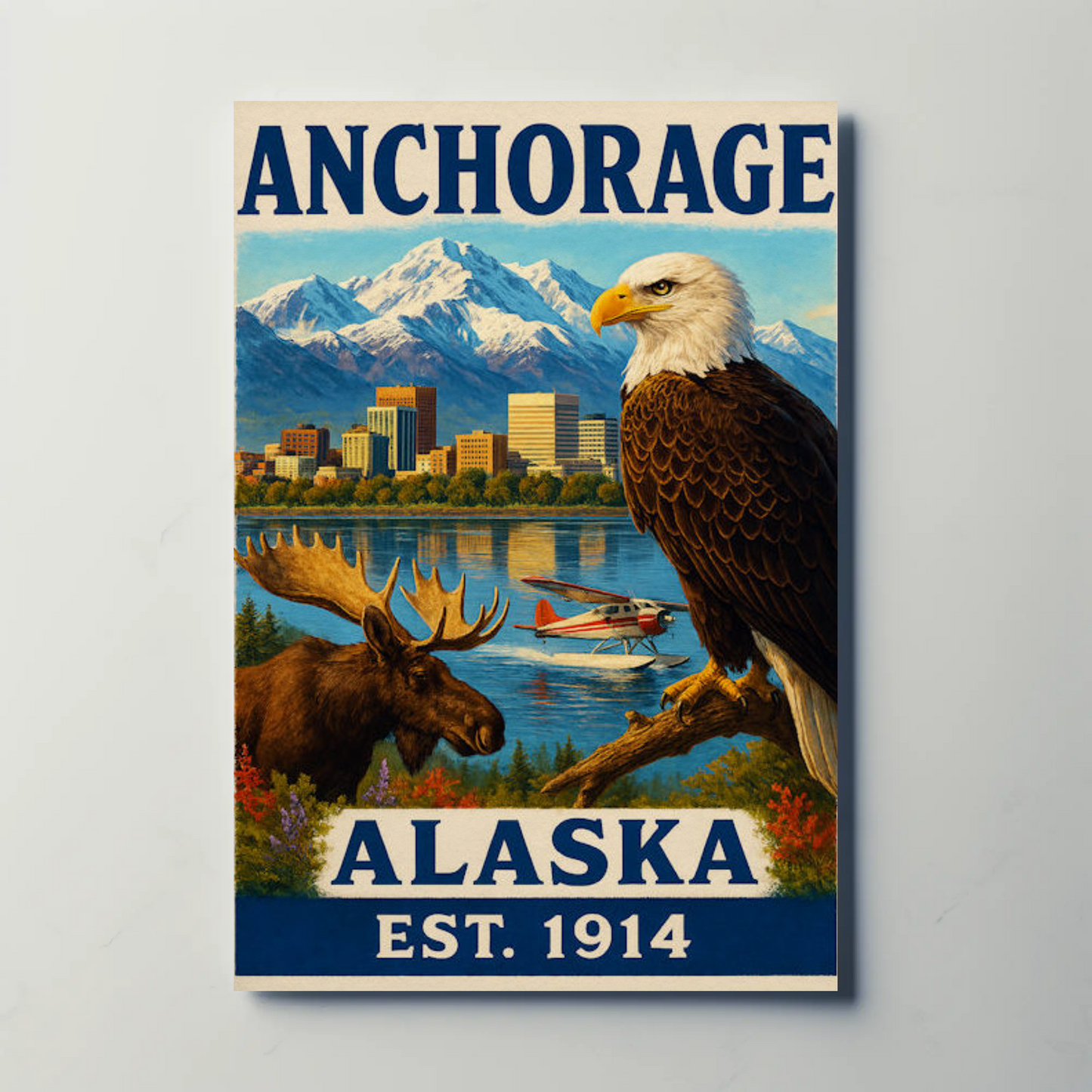 Anchorage Alaska Wildlife Skyline Nature Vintage Travel Poster