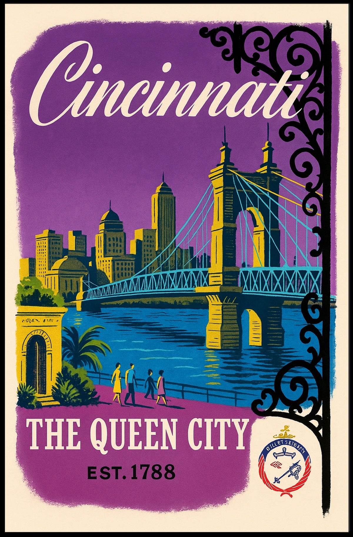 Cincinnati The Queen City Vintage Illustration Bridge Poster