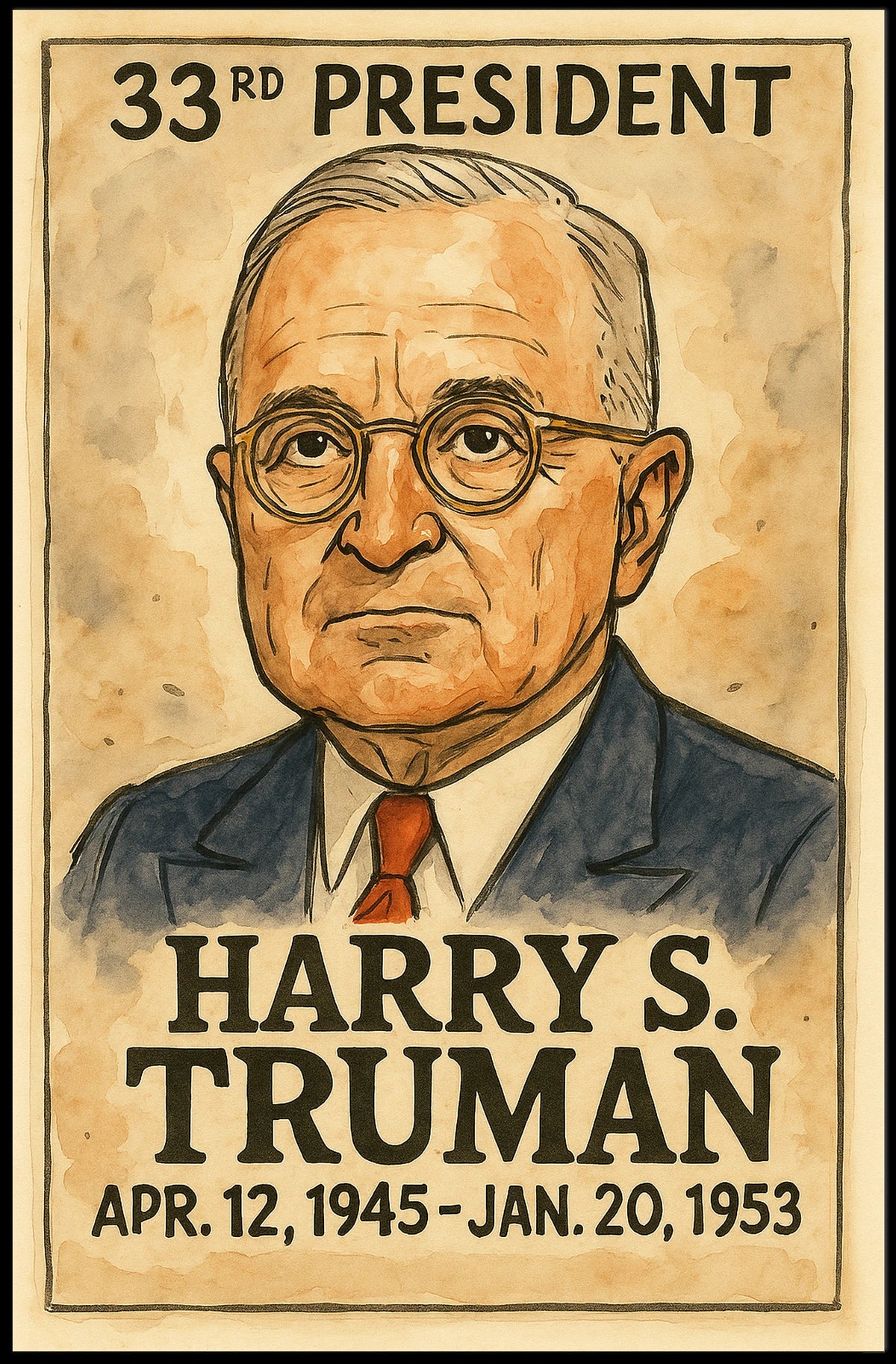 Harry S. Truman 33rd President of the United States Exaggerated Cartoon Sketch Poster