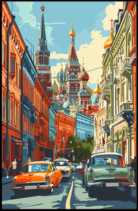 Moscow Retro Street Scene with St. Basil's Cathedral