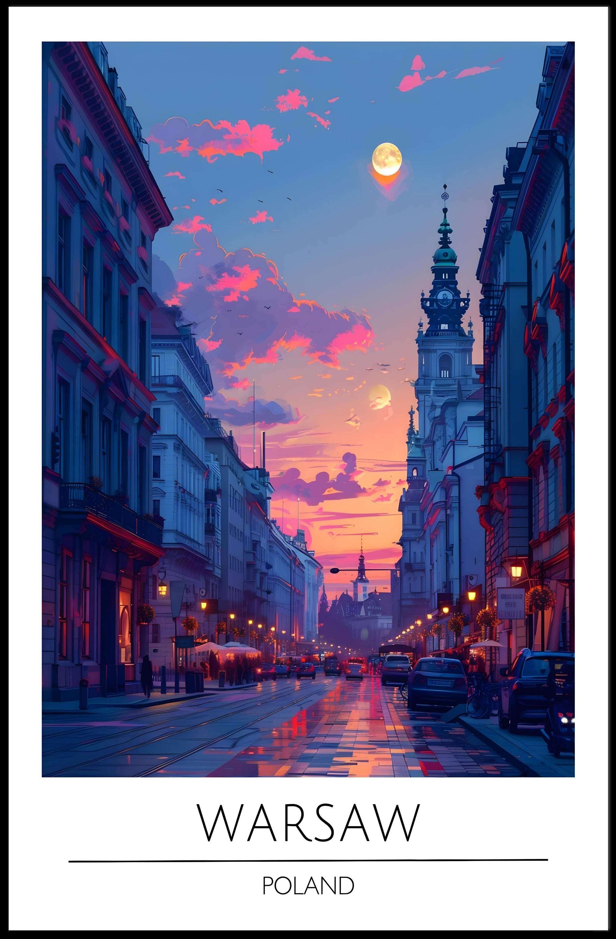 Warsaw Sunset Urban Scene Vibrant Cityscape Travel Poster