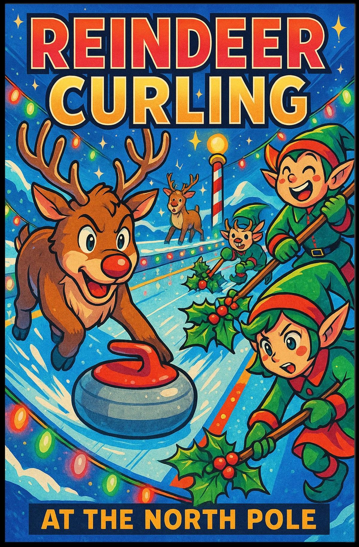 Reindeer Curling at the North Pole Poster