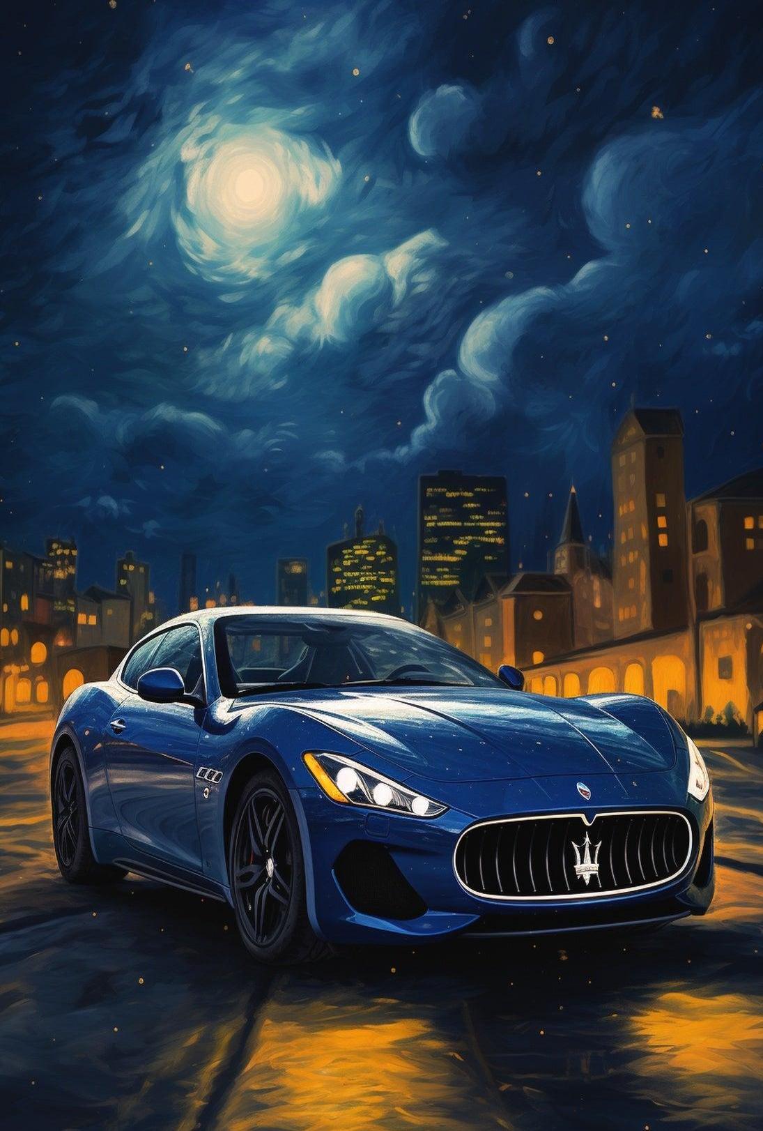 Maserati Blue Sports Car at Night Artistic Poster