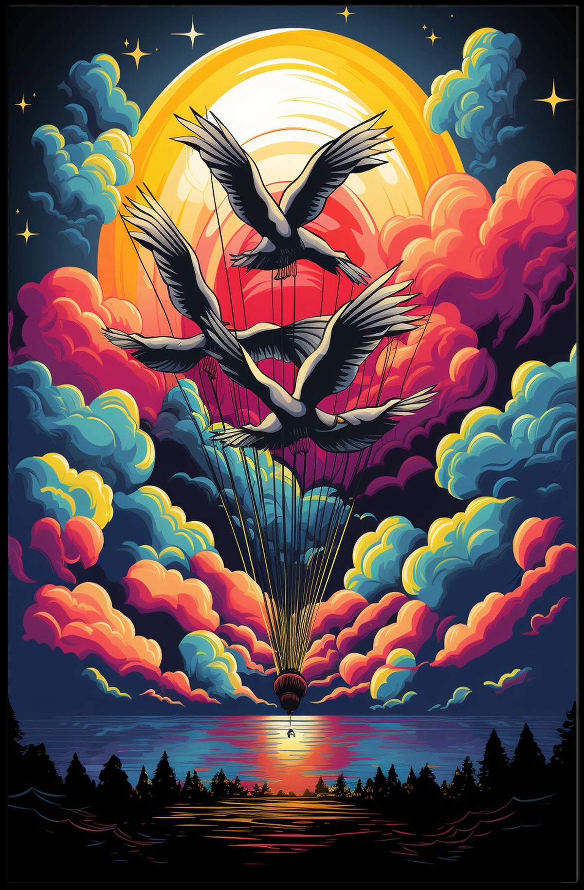 Surreal Birds and Balloon Adventure Art Poster