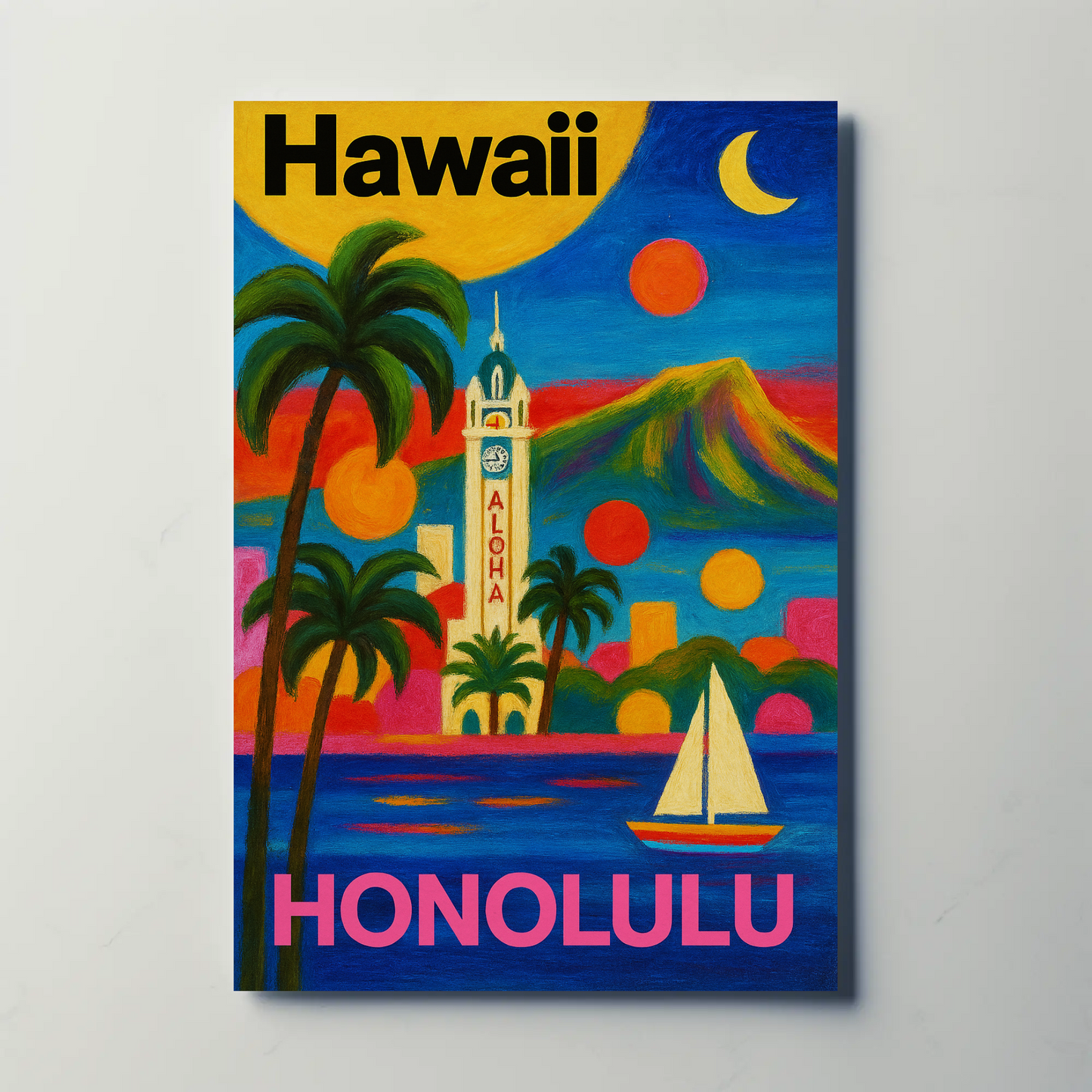 Honolulu Hawaii Skyline Retro Vintage Travel Poster