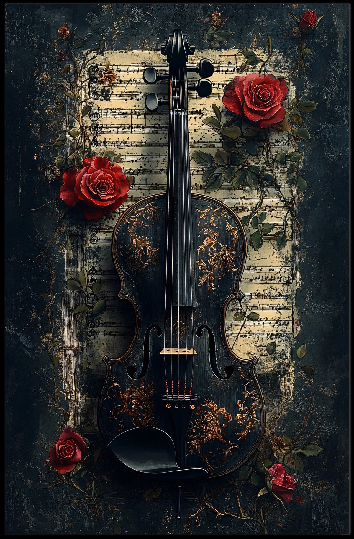 Vintage Violin and Floral Elements Artistic Poster