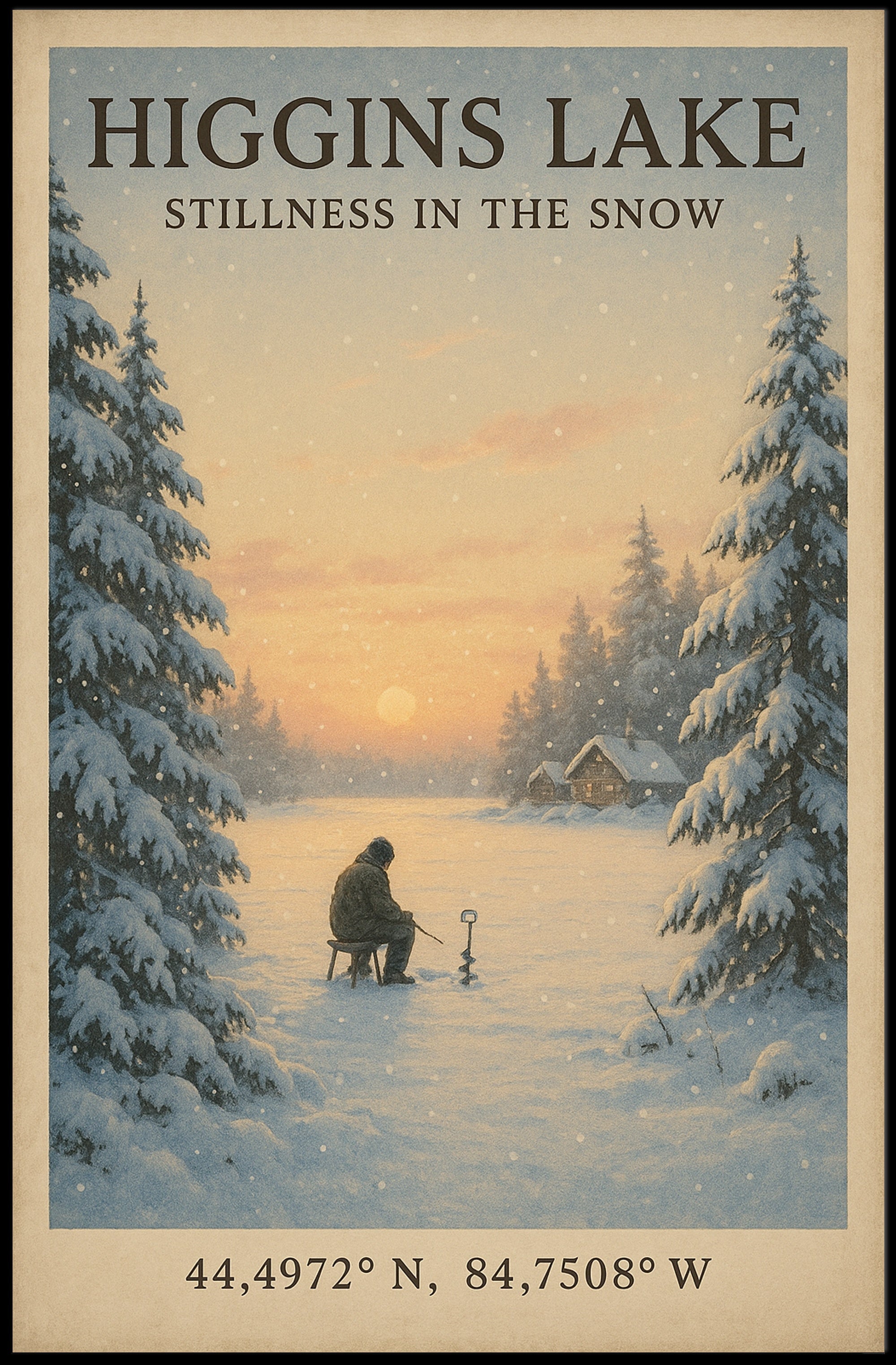 Higgins Lake Winter Scene: Photorealistic Vintage Artistic Poster