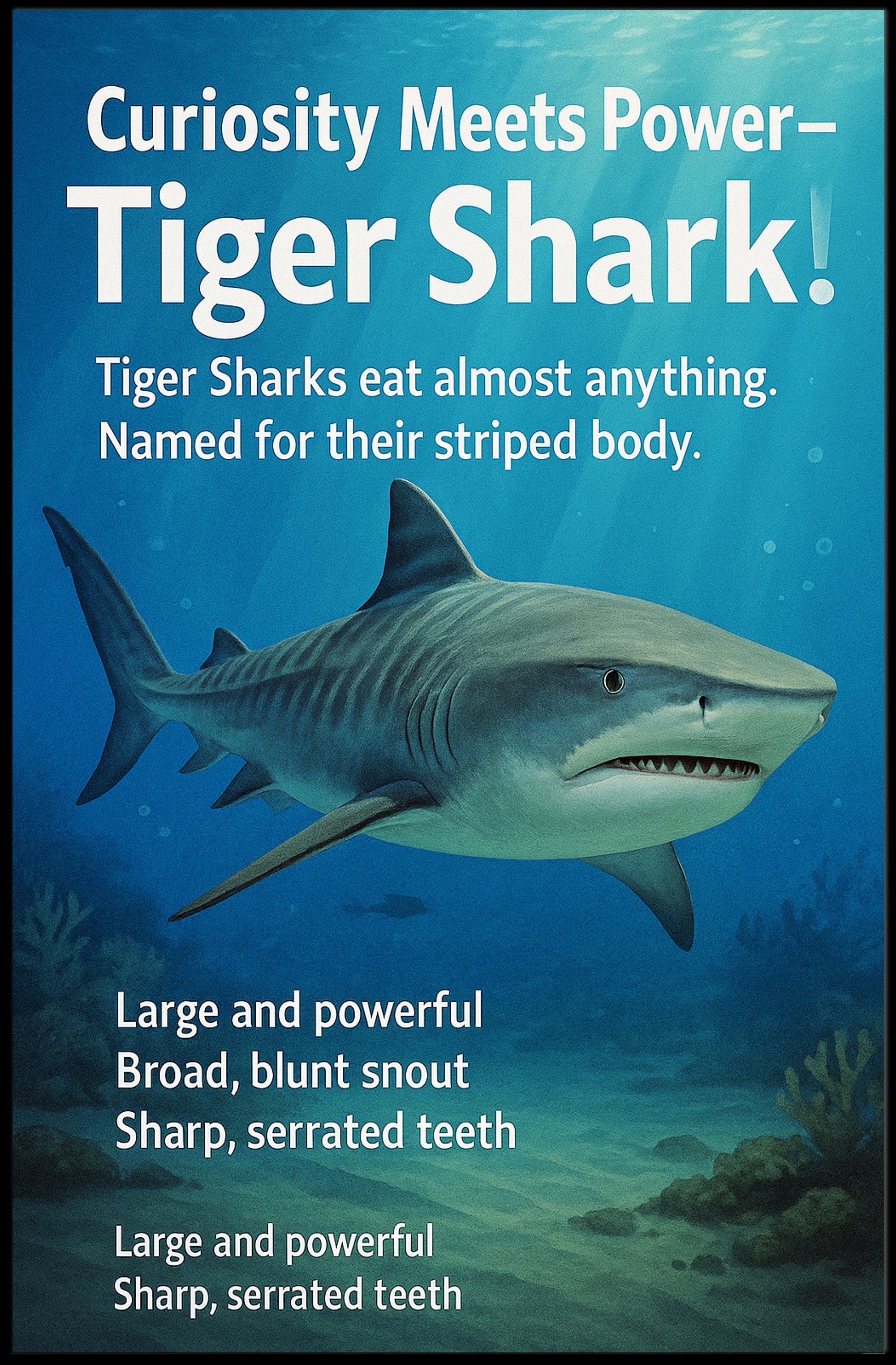 Curiosity Meets Power Tiger Shark Poster PosterGoat