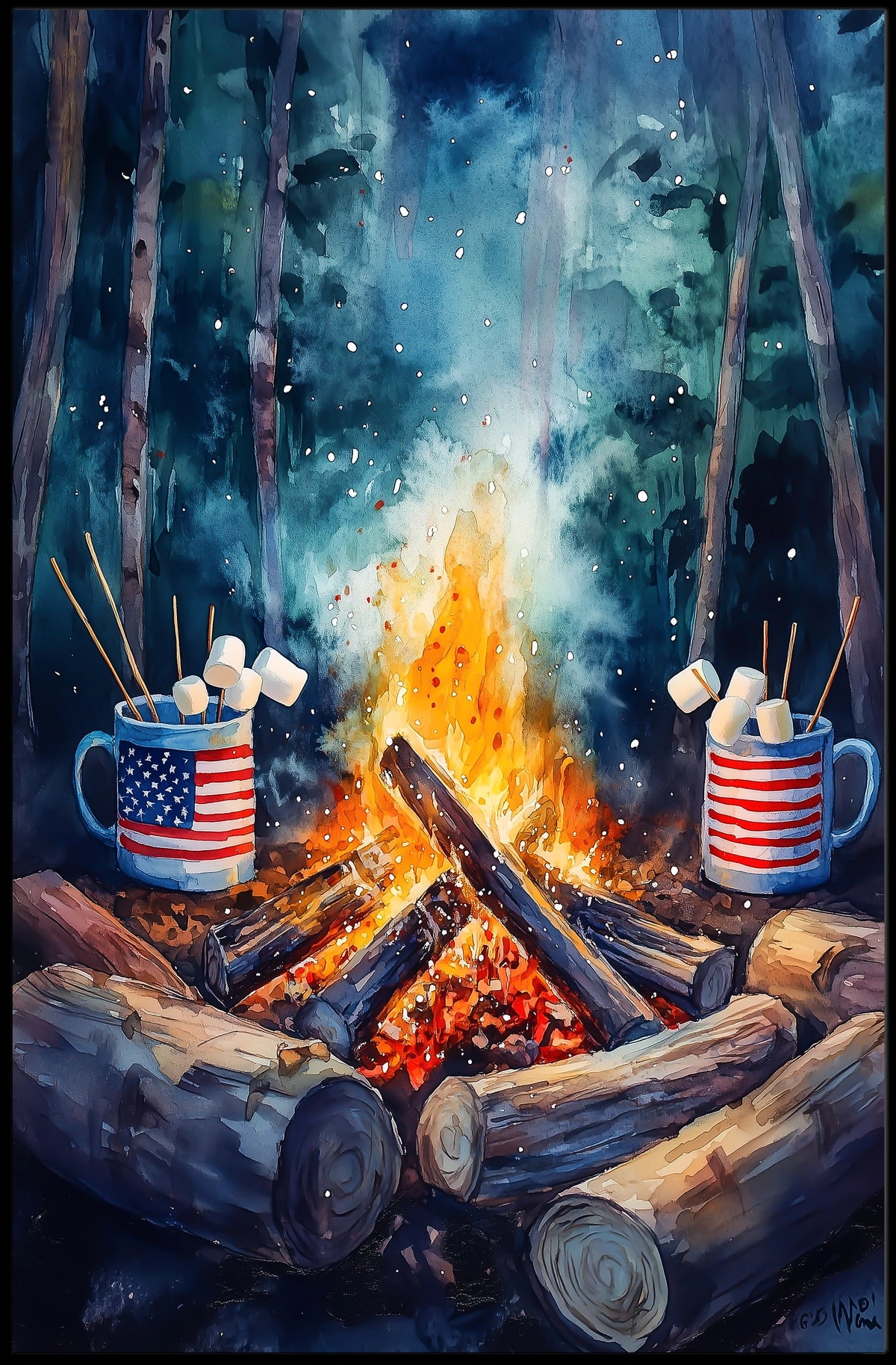 Cozy Campfire Night With American Flag Mugs Outdoor Poster