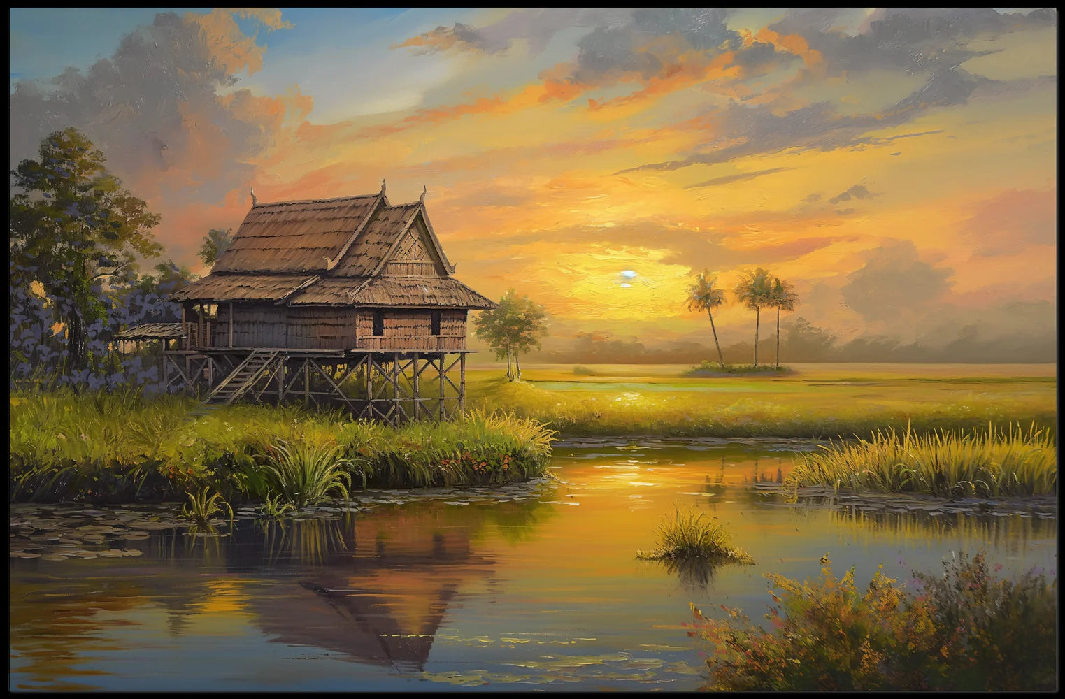 Serene Southeast Asian Sunset Rural Scene Poster