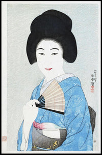 Portrait of Elegance: Traditional Japanese Woman in Blue Kimono Poster