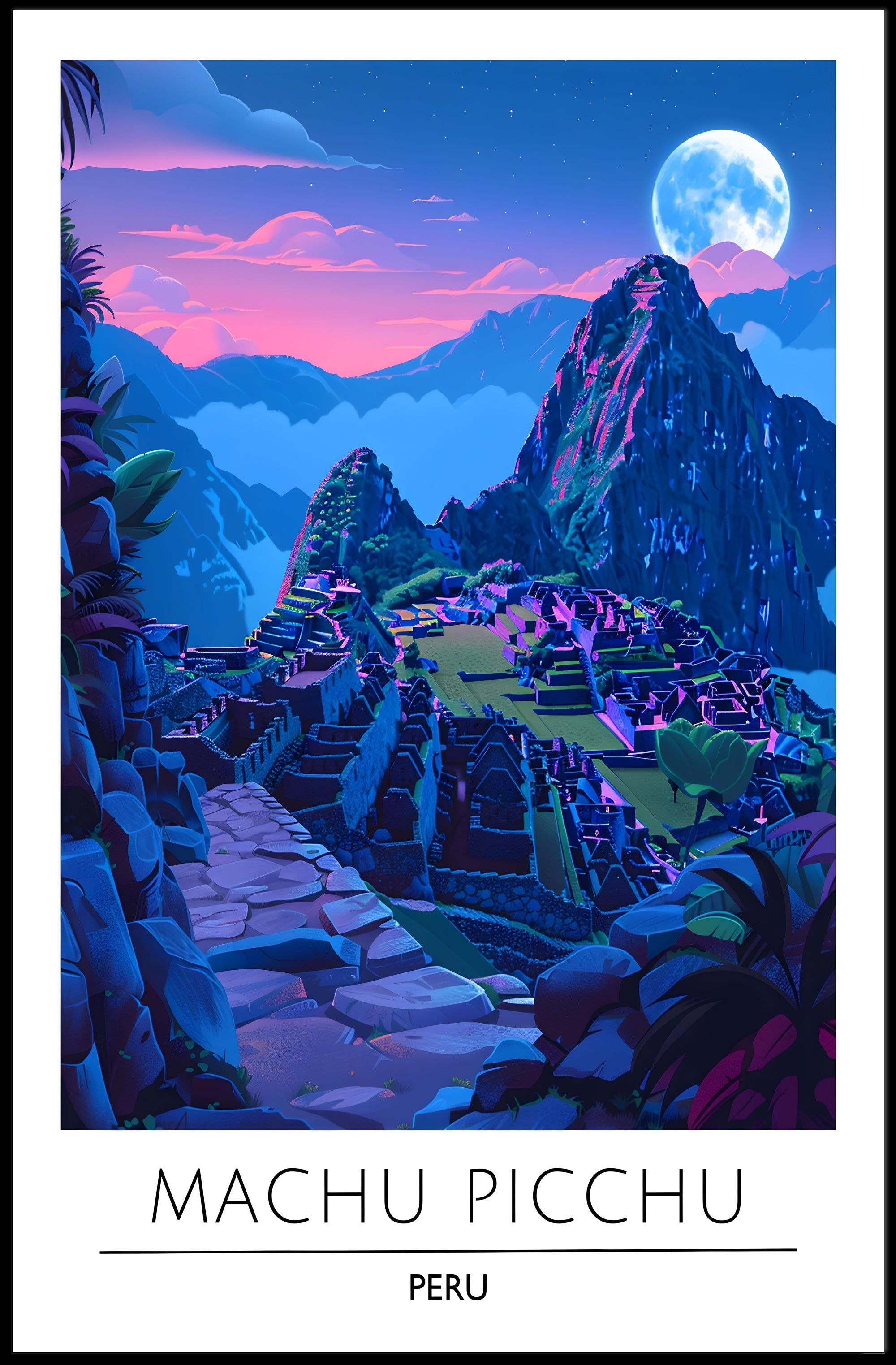 Machu Picchu Moonlit Dusk Vibrant Travel Poster
