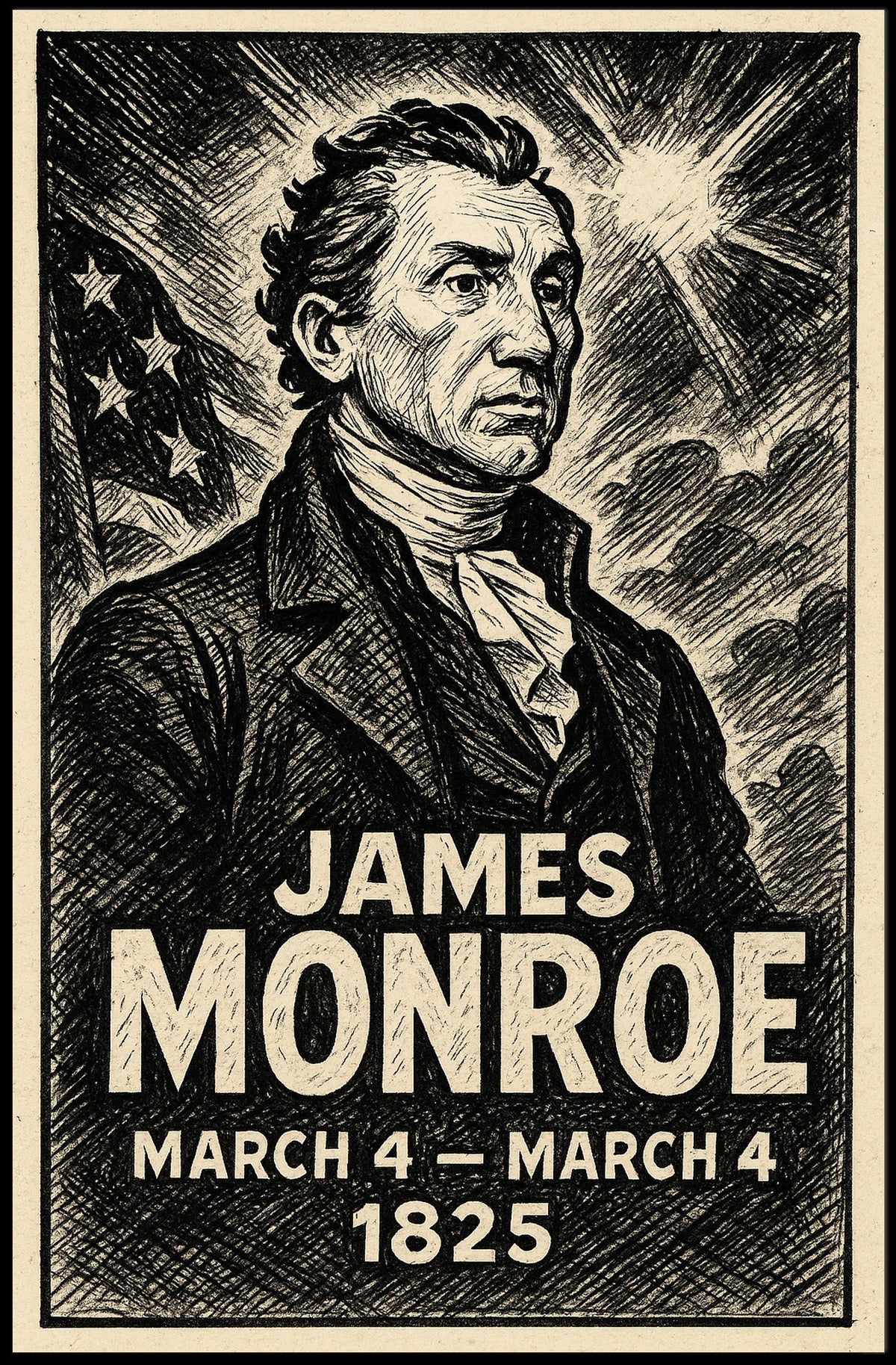 James Monroe 5th President of the United States B & W Comic Sketch Poster