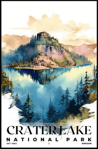 Crater Lake Watercolor Wall Art Poster