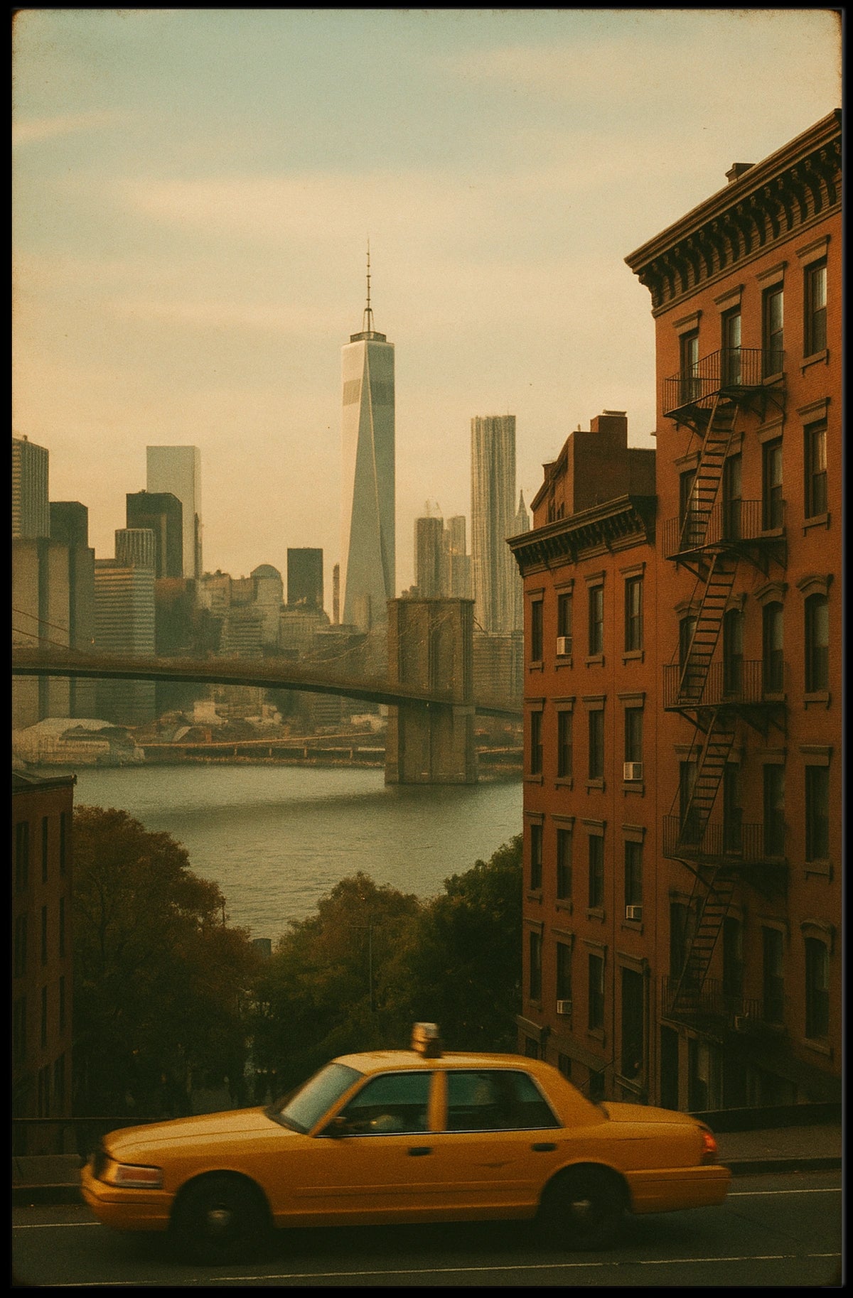 New York City Skyline Taxi Poster Vintage Wall Art