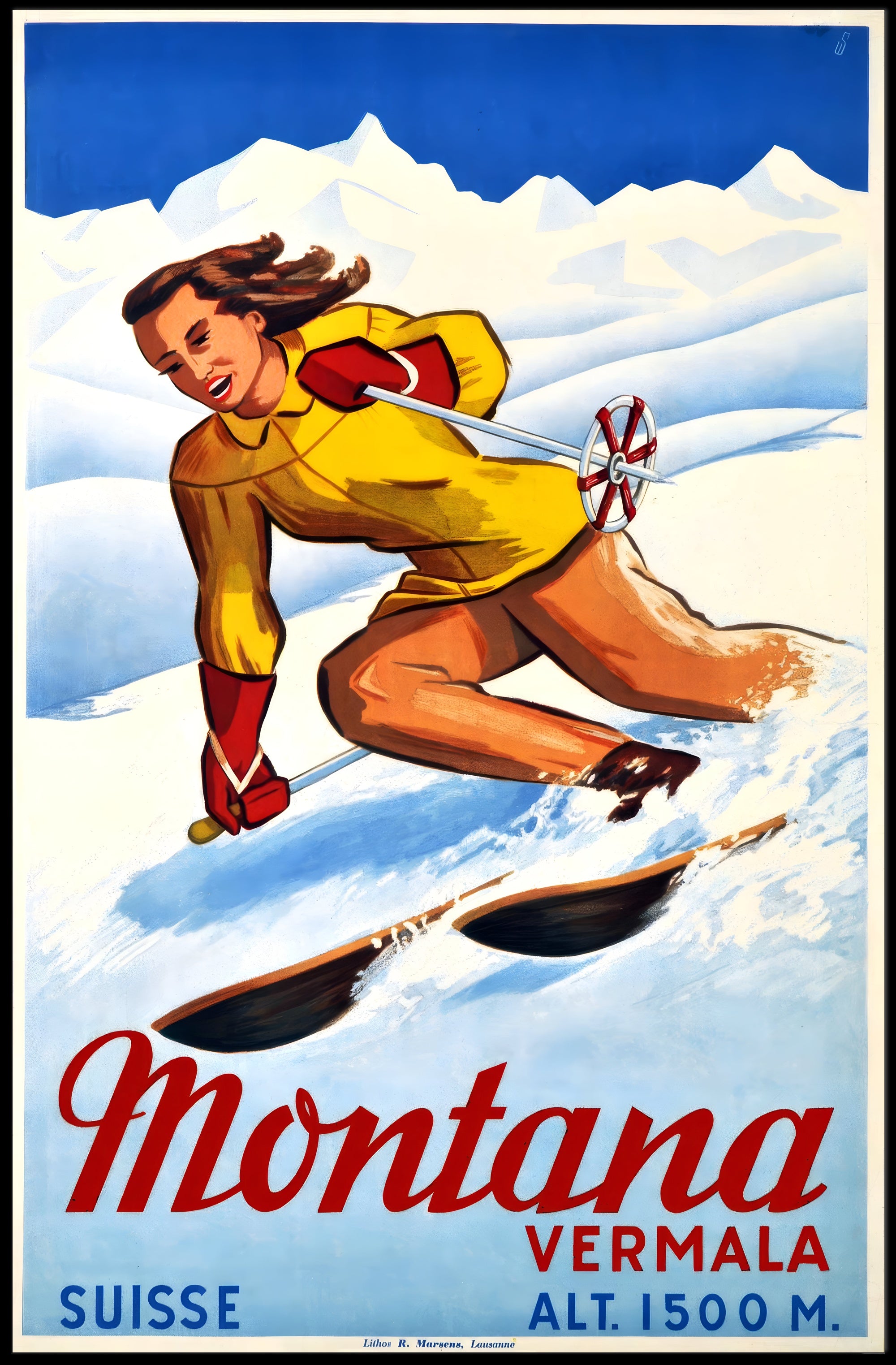 Skiing in Montana, Switzerland Poster PosterGoat