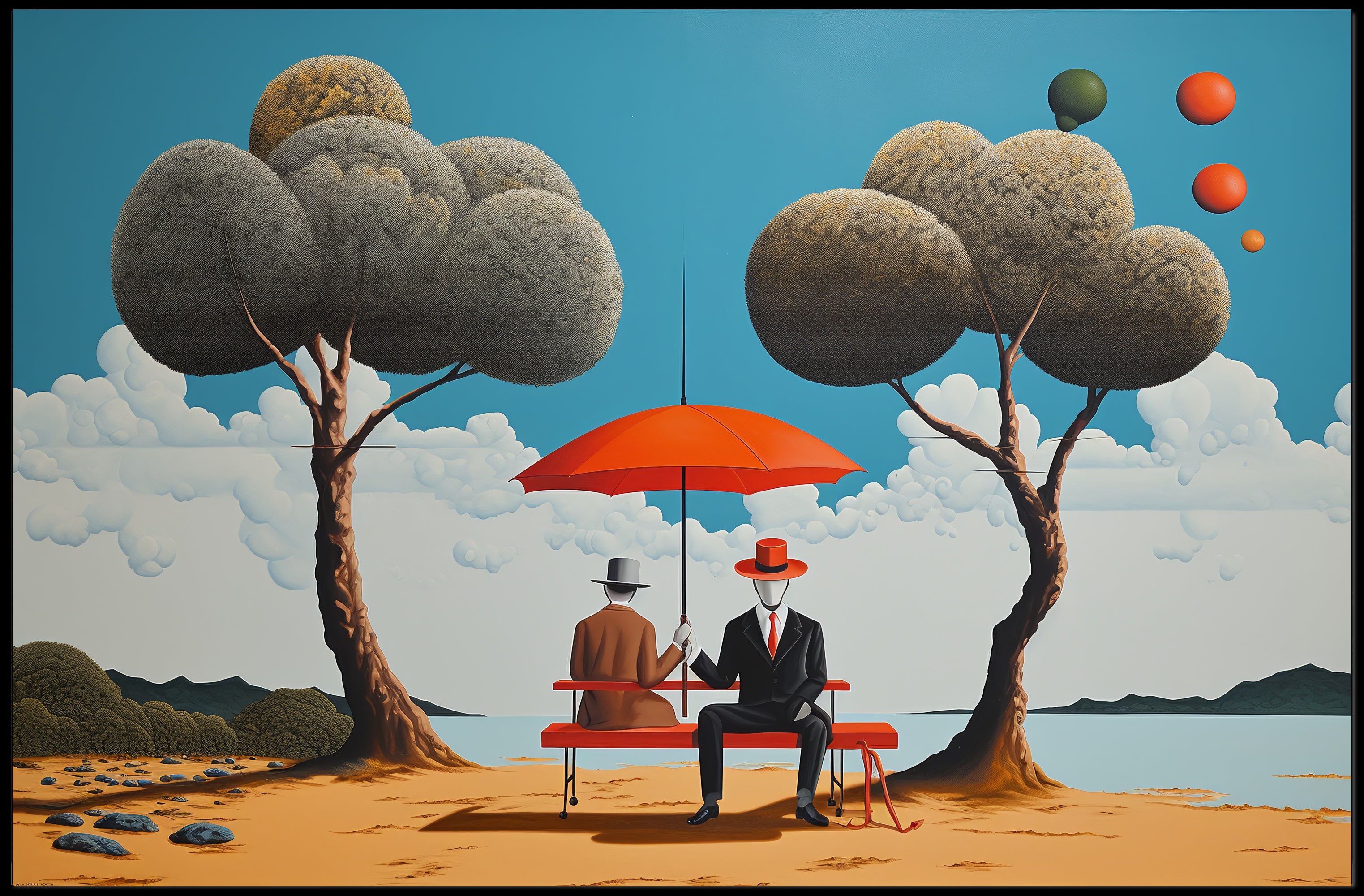 Whimsical Outdoor Scene with Suited Figures - Artistic Poster