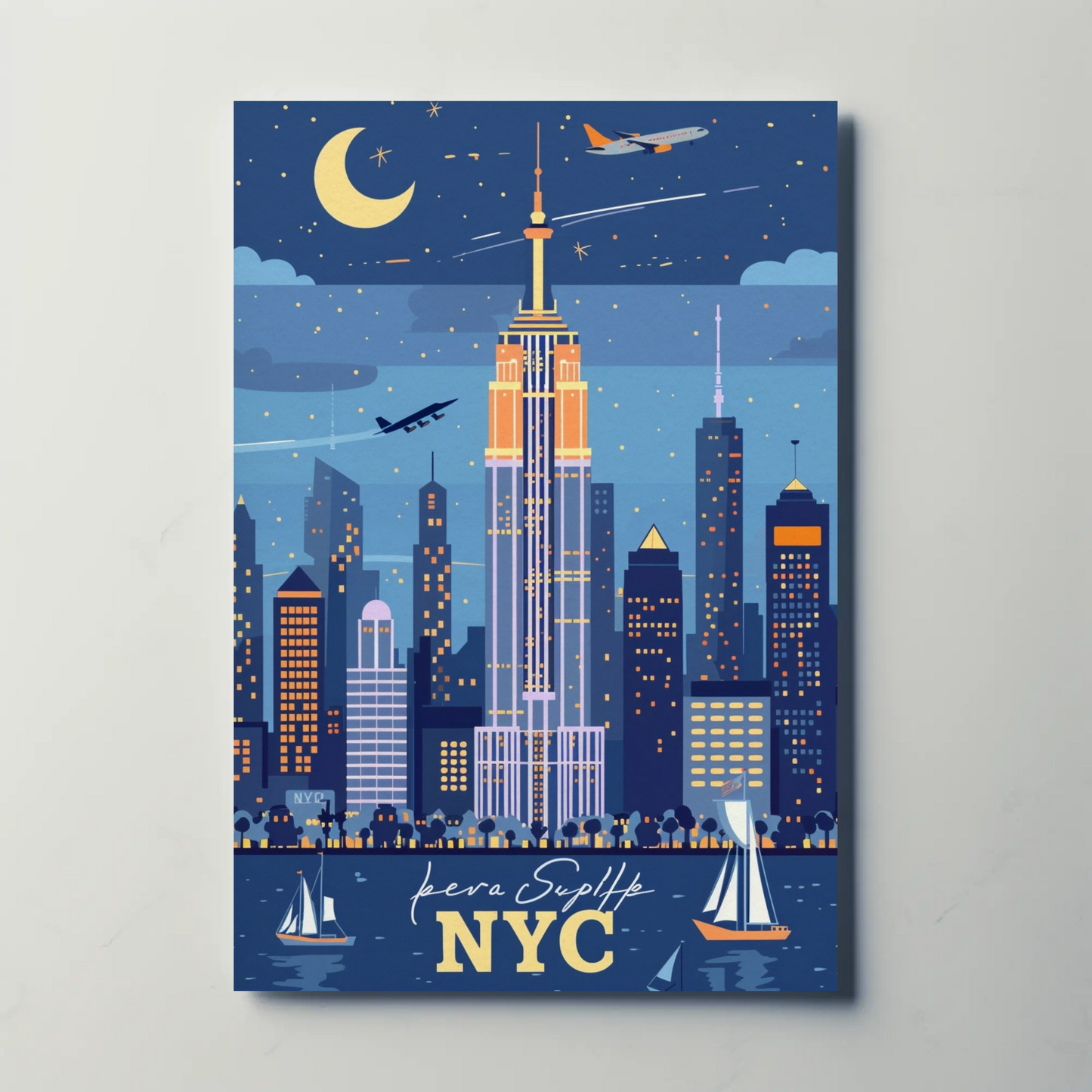 New York City Skyline at Night Vintage Poster