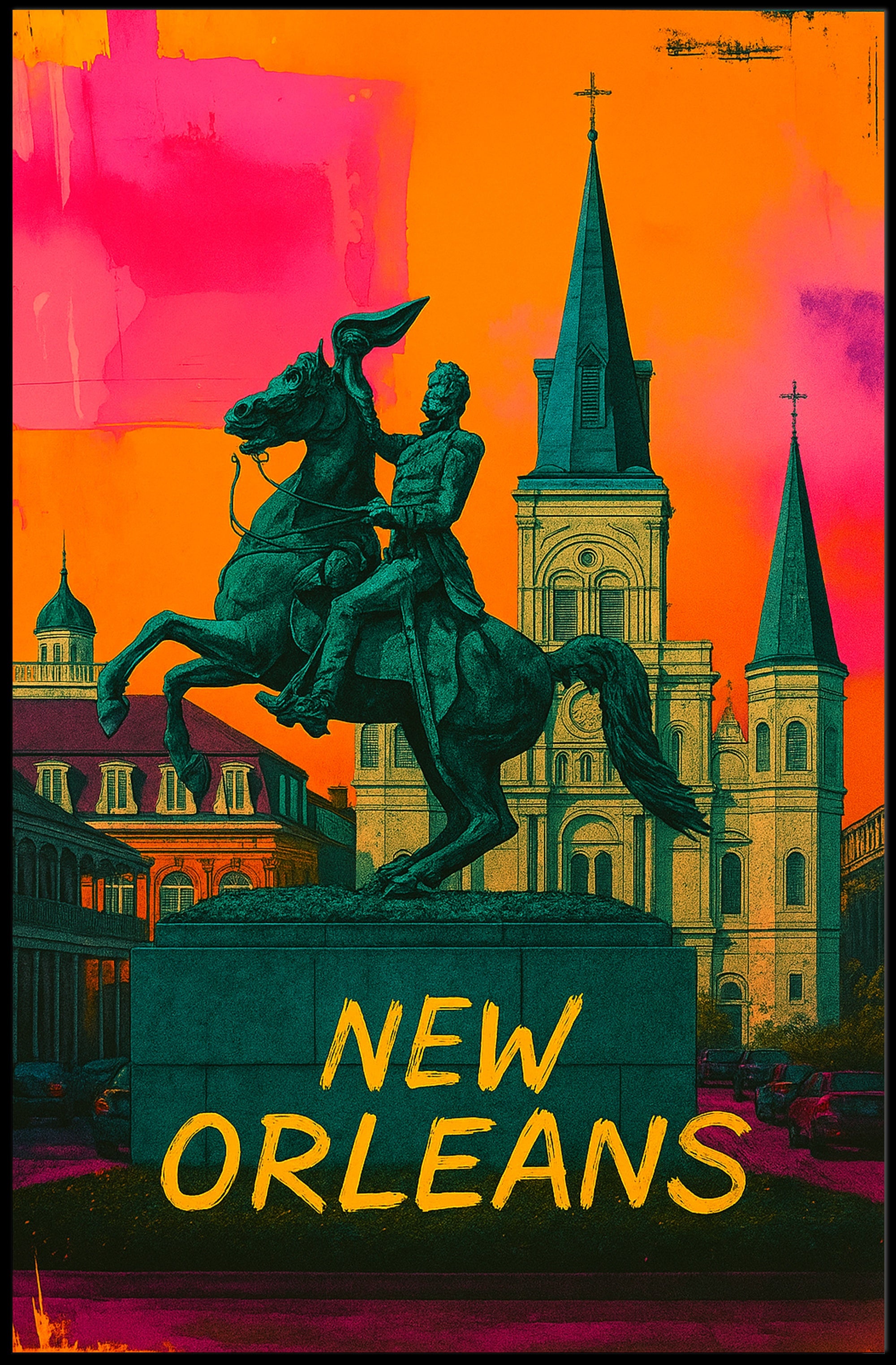 Vibrant Equestrian Statue New Orleans Urban Cityscape Poster