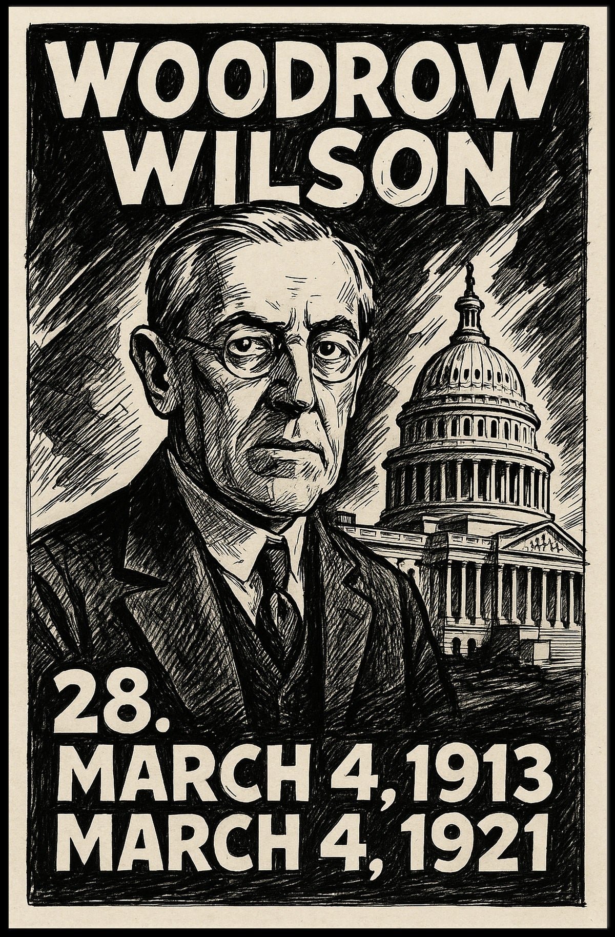 Woodrow Wilson 28th President of the United States B & W Comic Sketch Poster