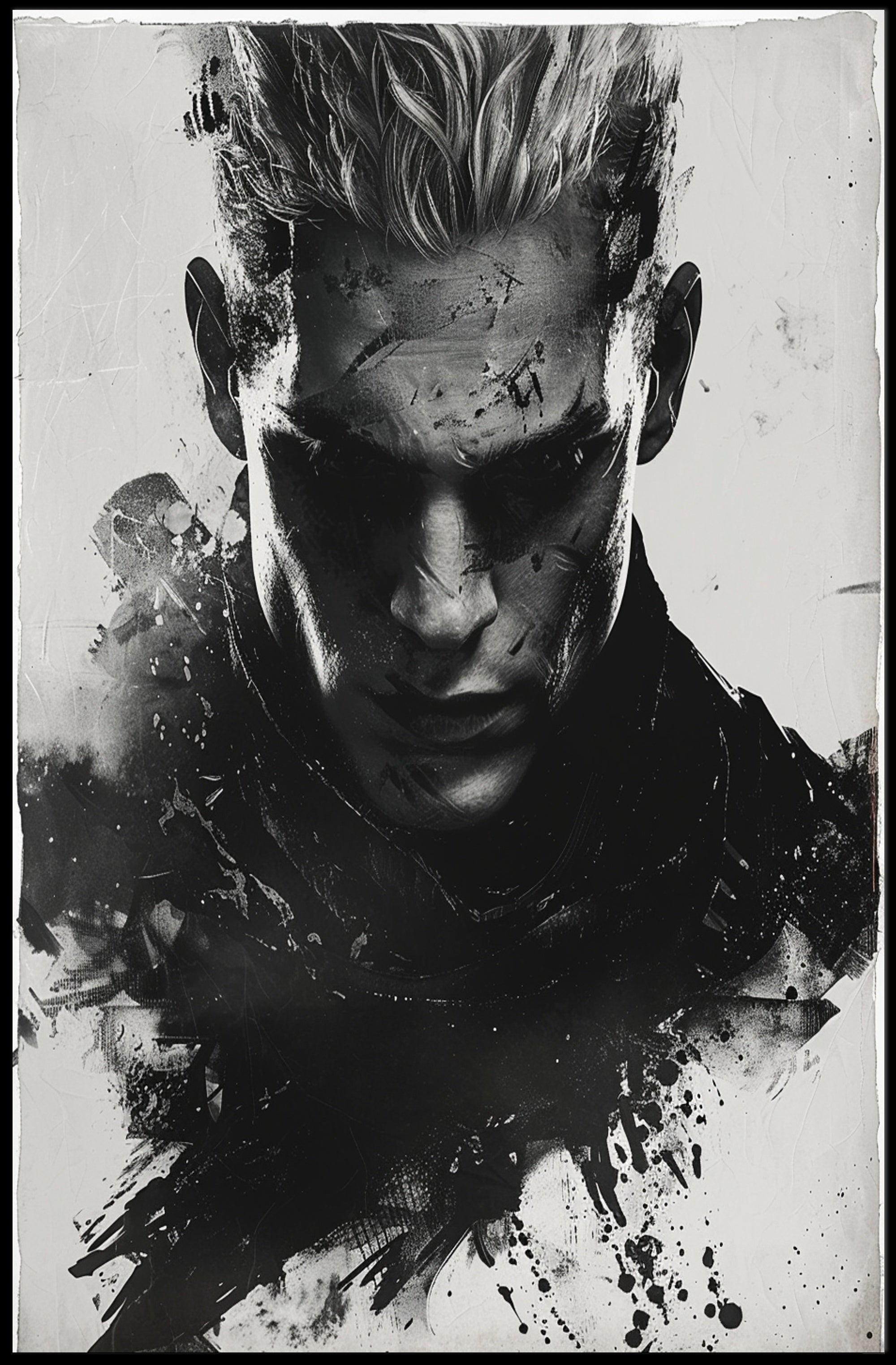 Intense Black and White Brooding Character Poster PosterGoat