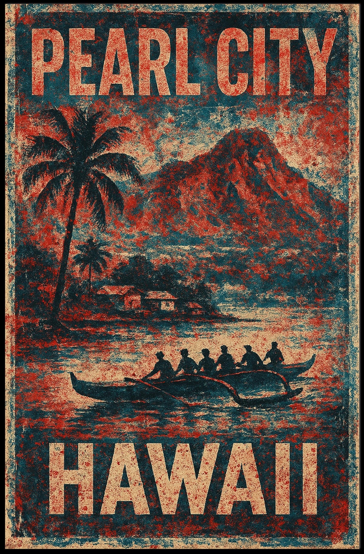 Pearl City Hawaii Nostalgic Cultural Heritage Travel Landscape Watercolor Vintage Retro Poster