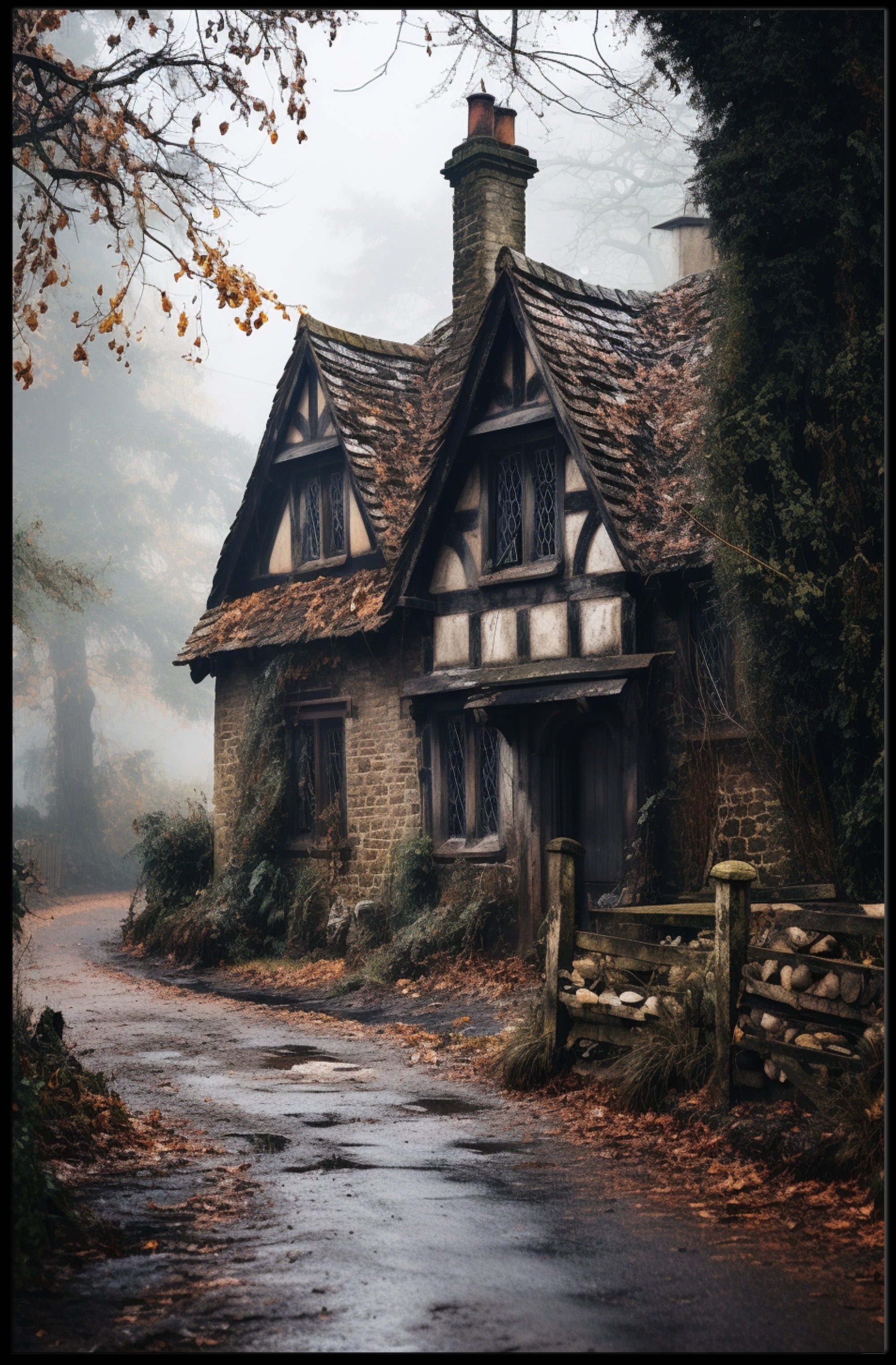 Enchanted Cottage In The Mist Poster