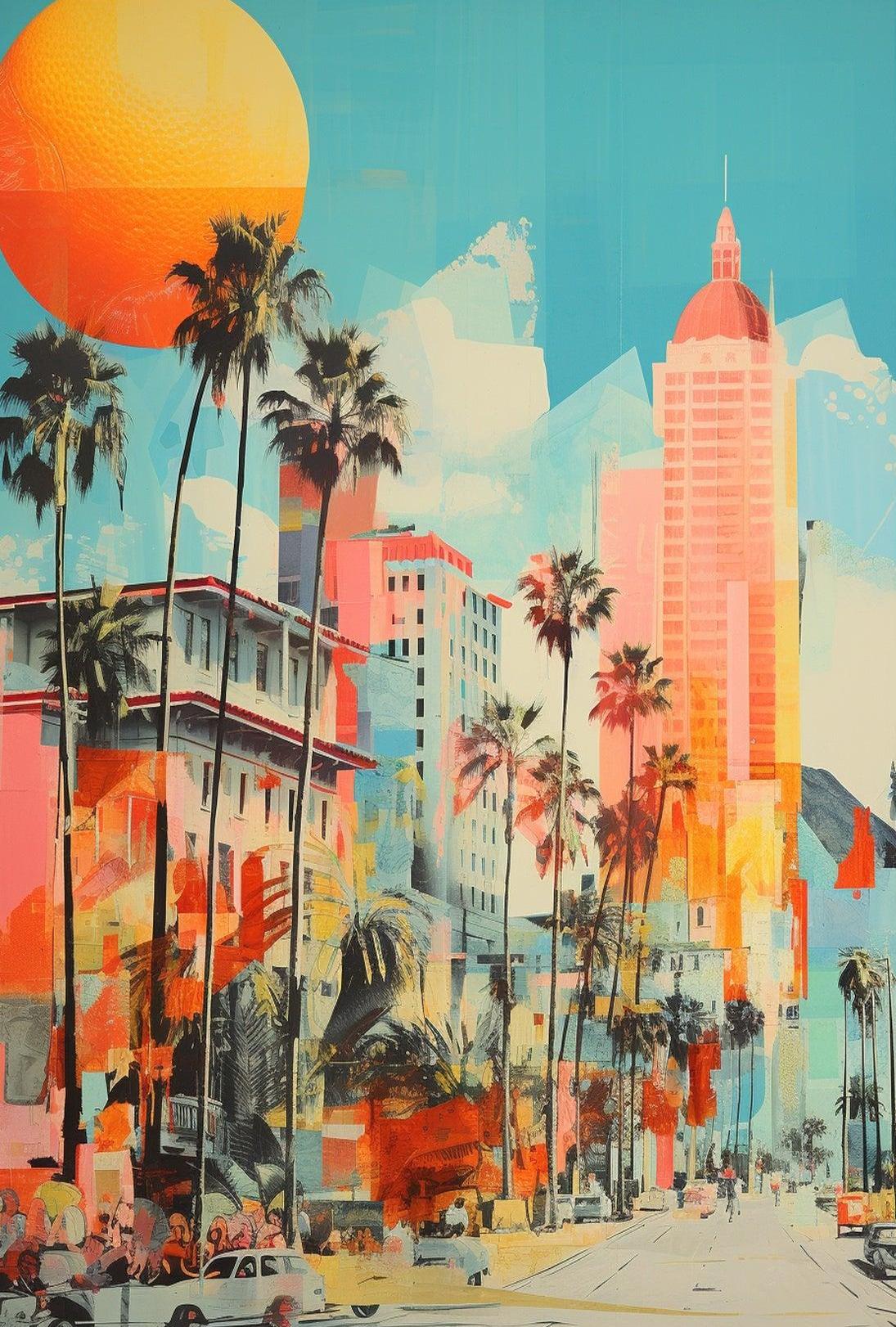 Retro-Modern Urban Scene: Coastal City Artistic Poster