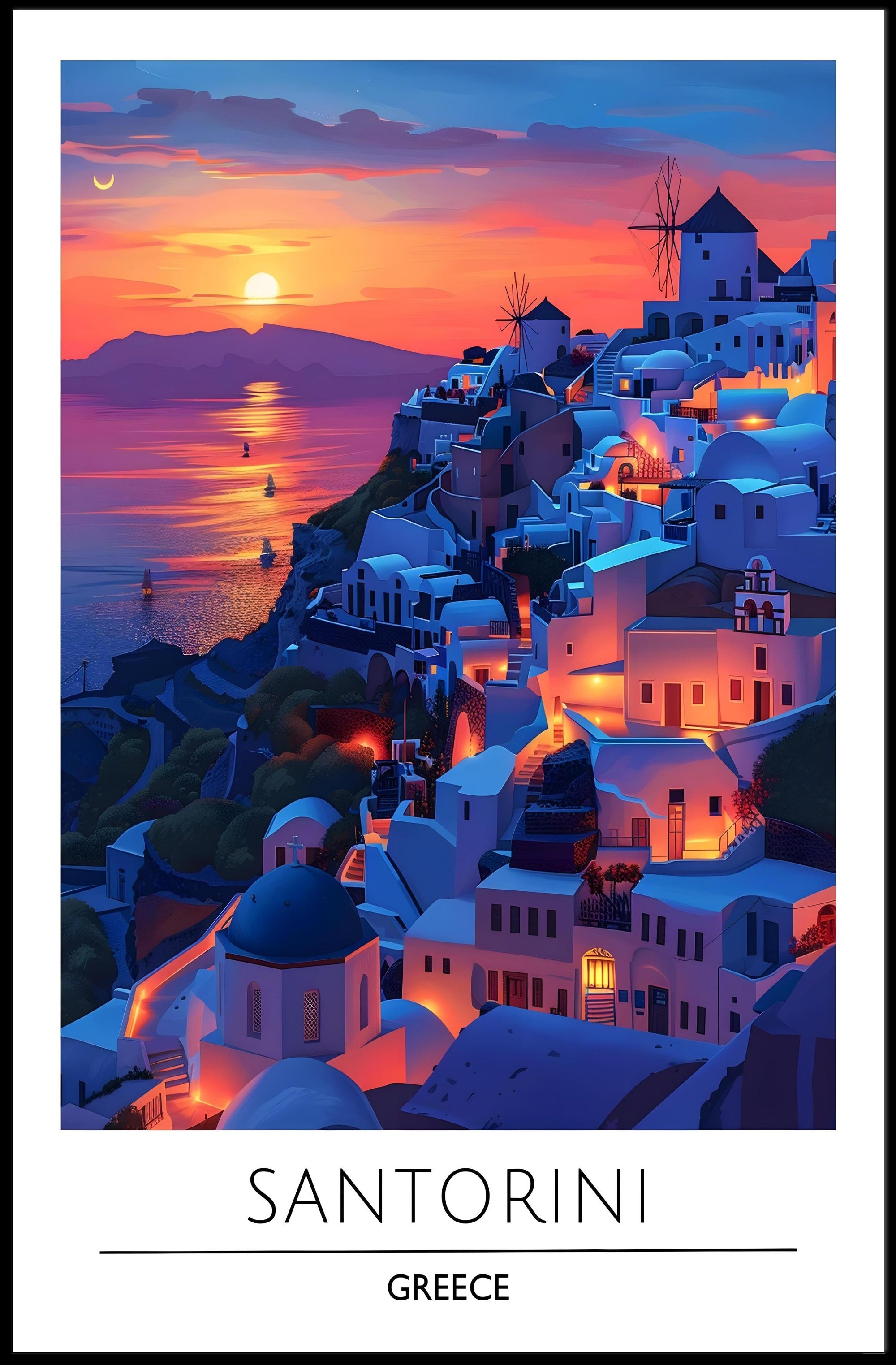 Santorini Sunset Romance Scenic Travel Poster