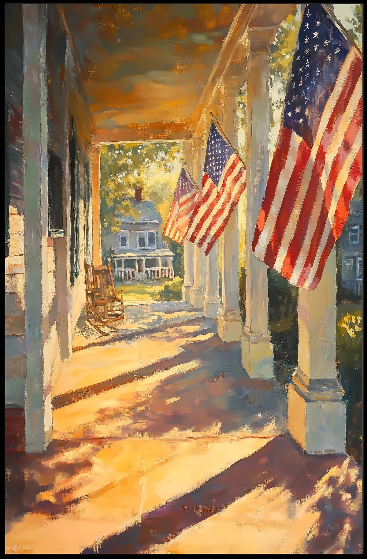 Colonial Village Street With Patriotic Flags Poster