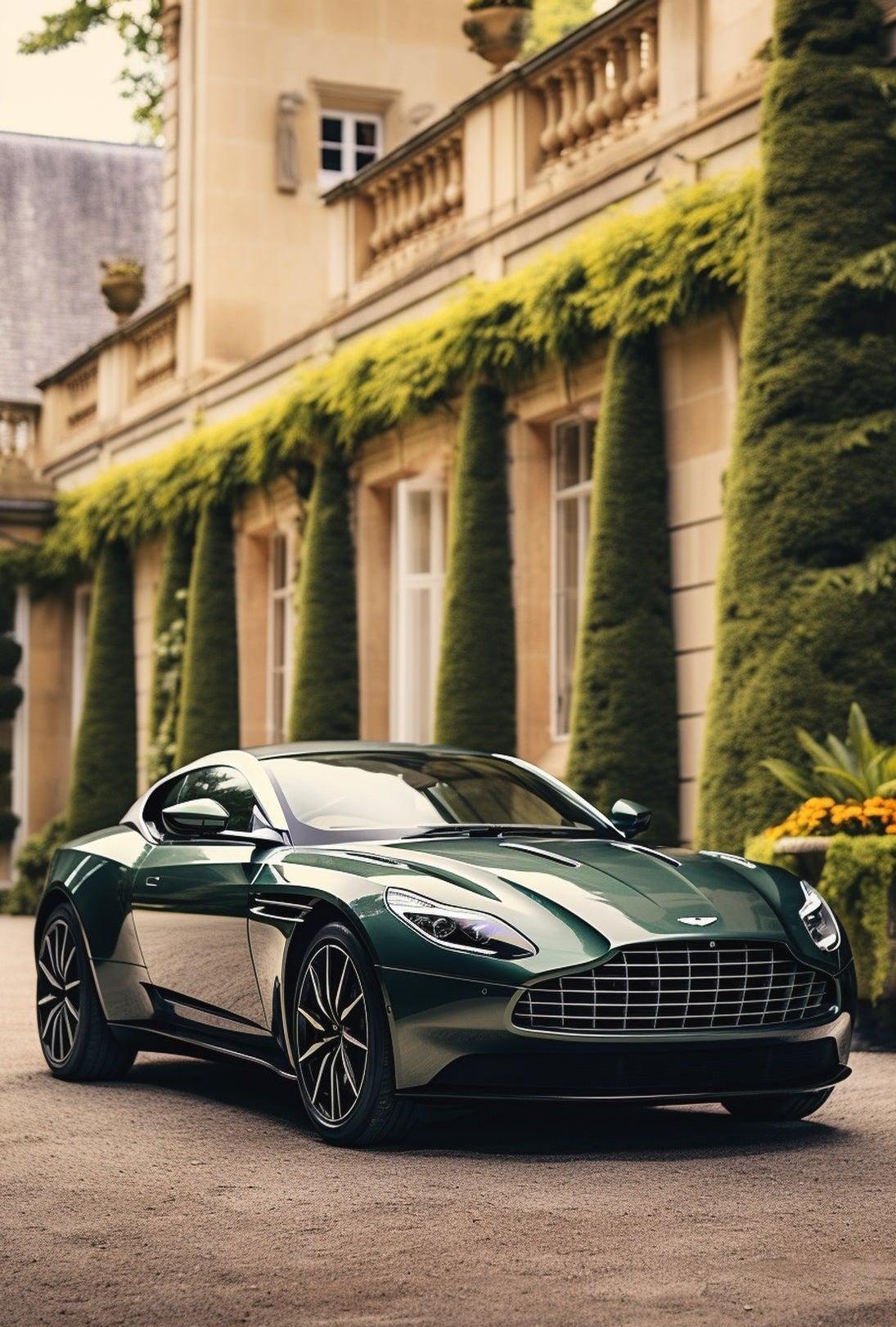 Luxury Green Sports Car at Elegant Mansion Poster