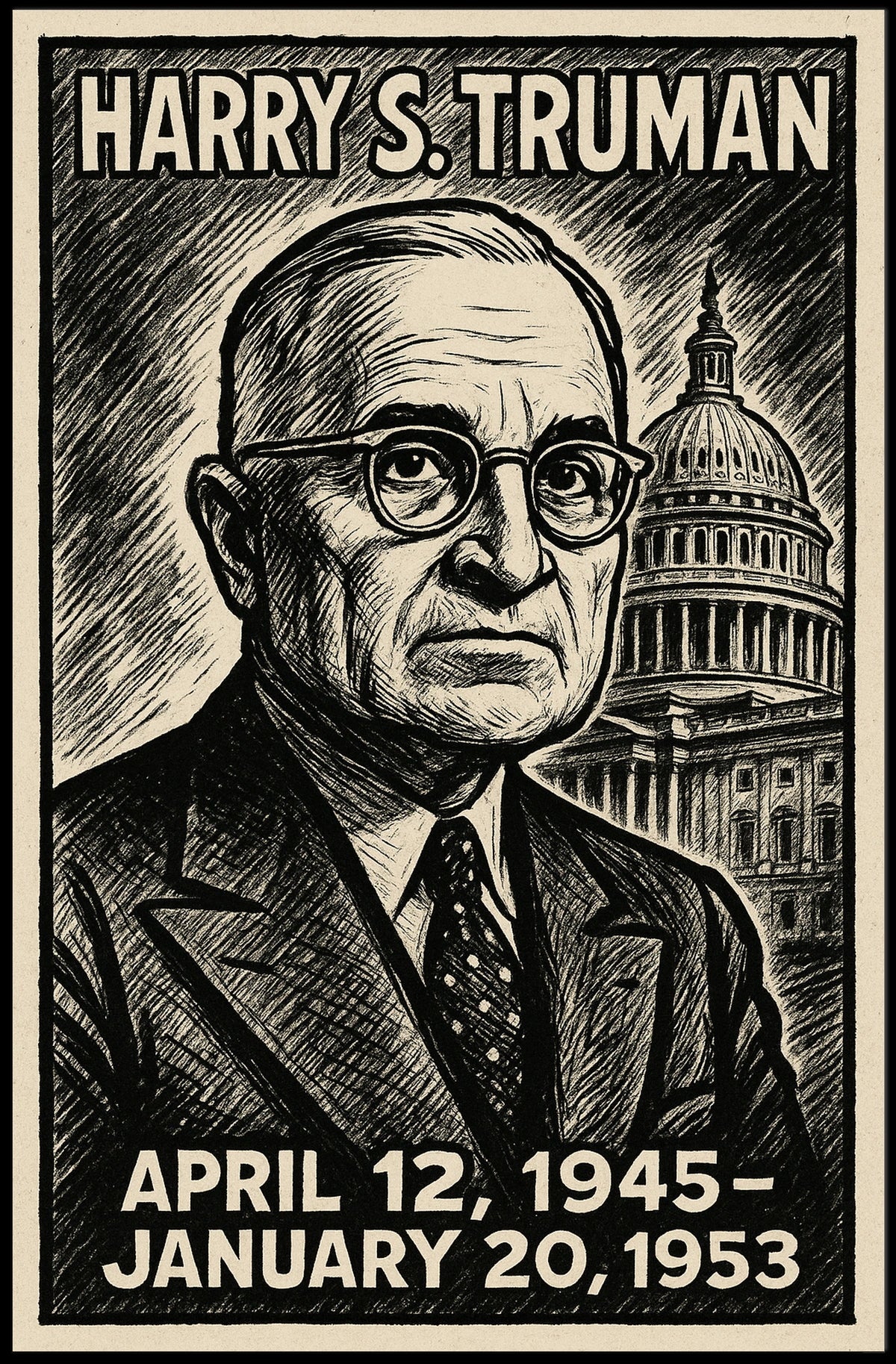 Harry S. Truman 33rd President of the United States B & W Comic Sketch Poster